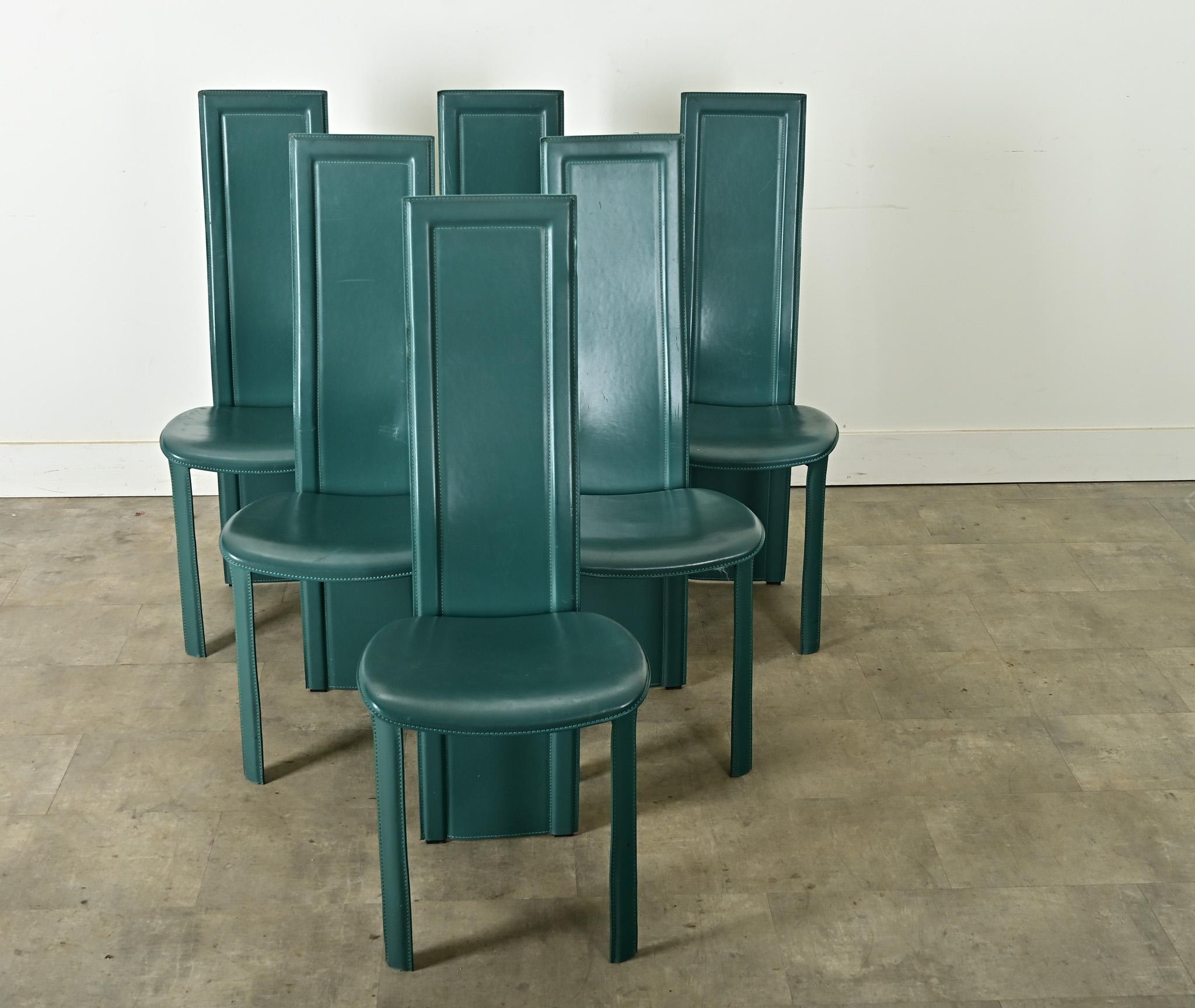 Set of Six Turquoise Leather Postmodern Dining Chairs For Sale 6