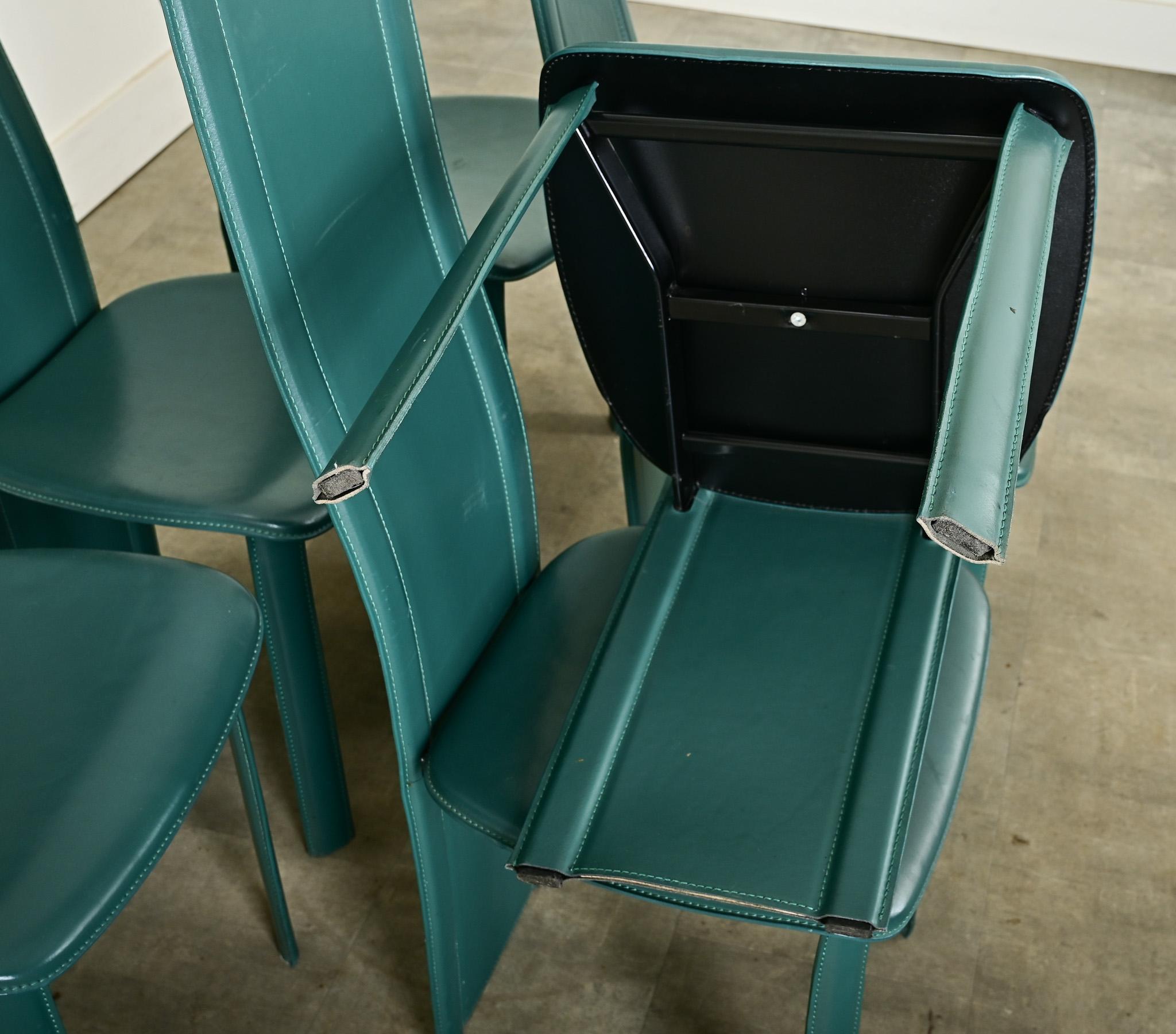 Set of Six Turquoise Leather Postmodern Dining Chairs For Sale 7