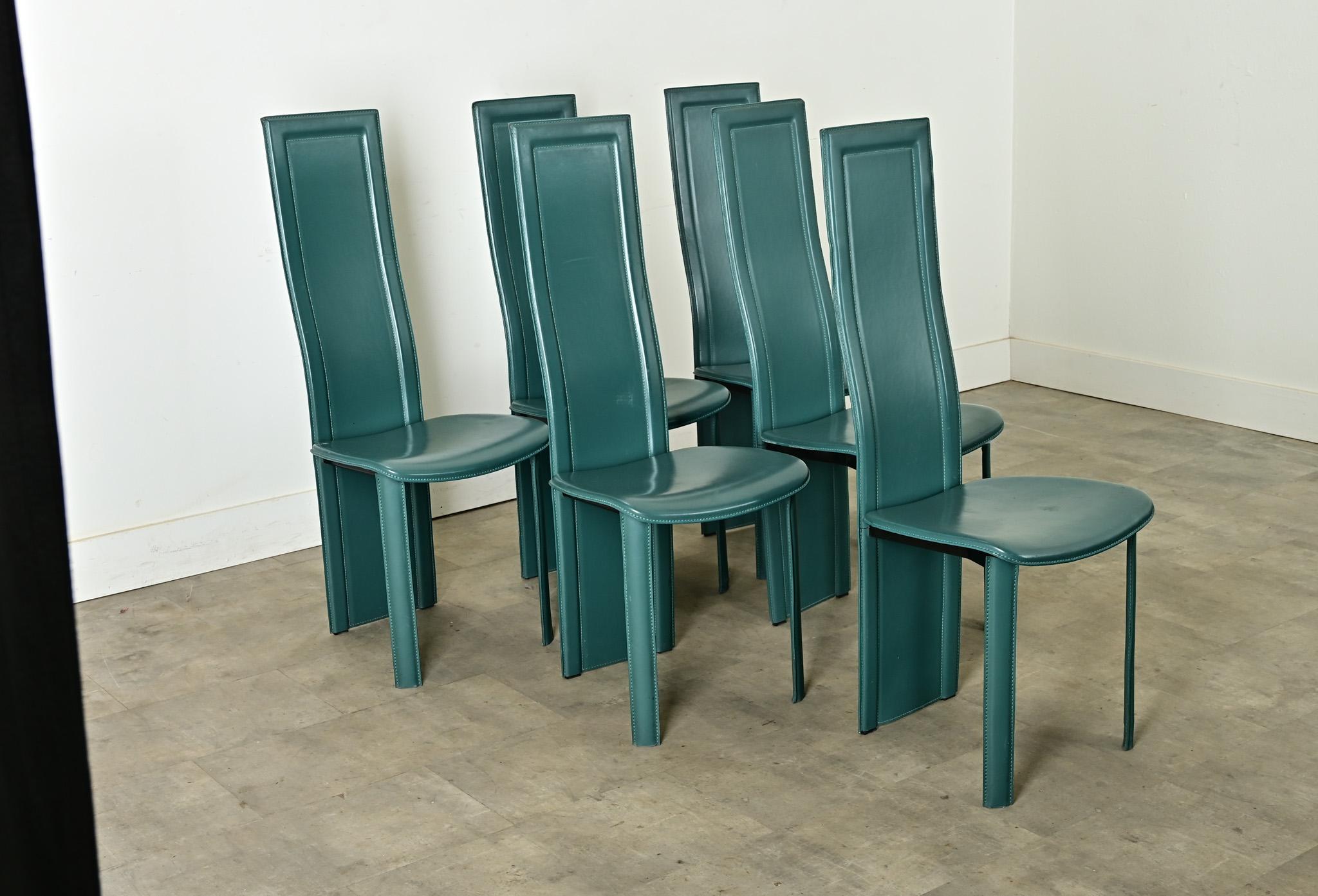Set of Six Turquoise Leather Postmodern Dining Chairs For Sale 8
