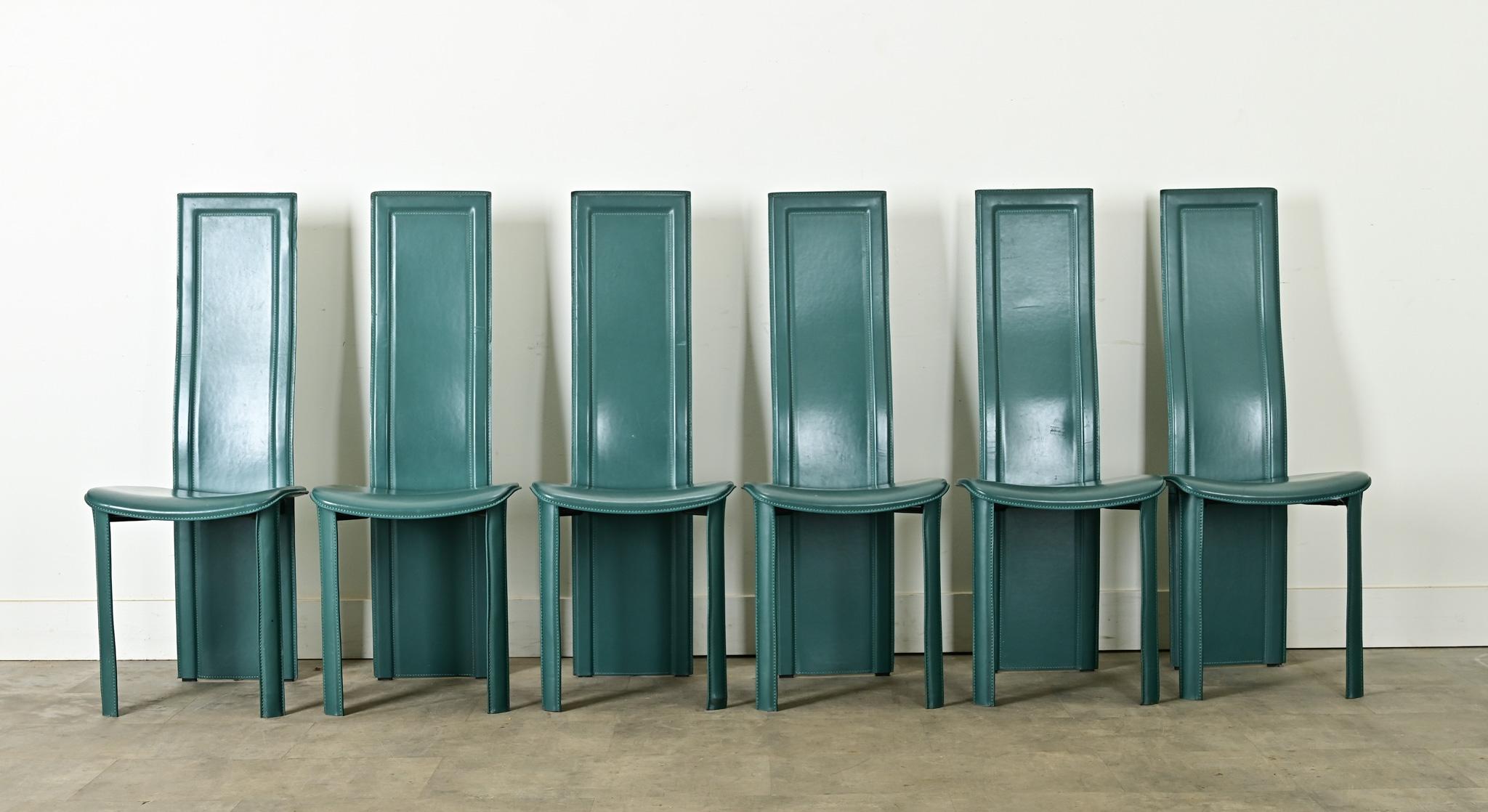 Post-Modern Set of Six Turquoise Leather Postmodern Dining Chairs For Sale