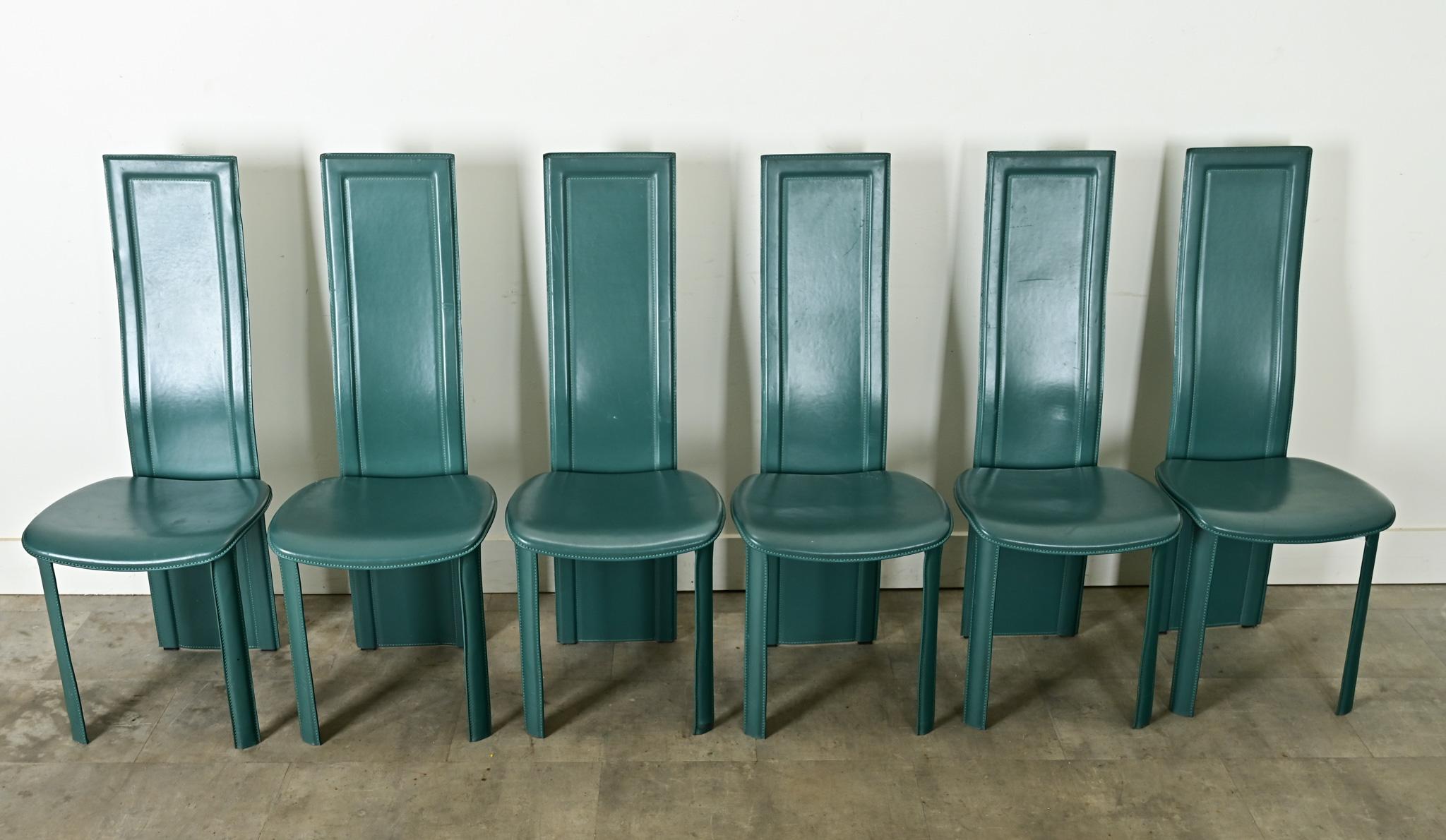 Italian Set of Six Turquoise Leather Postmodern Dining Chairs For Sale