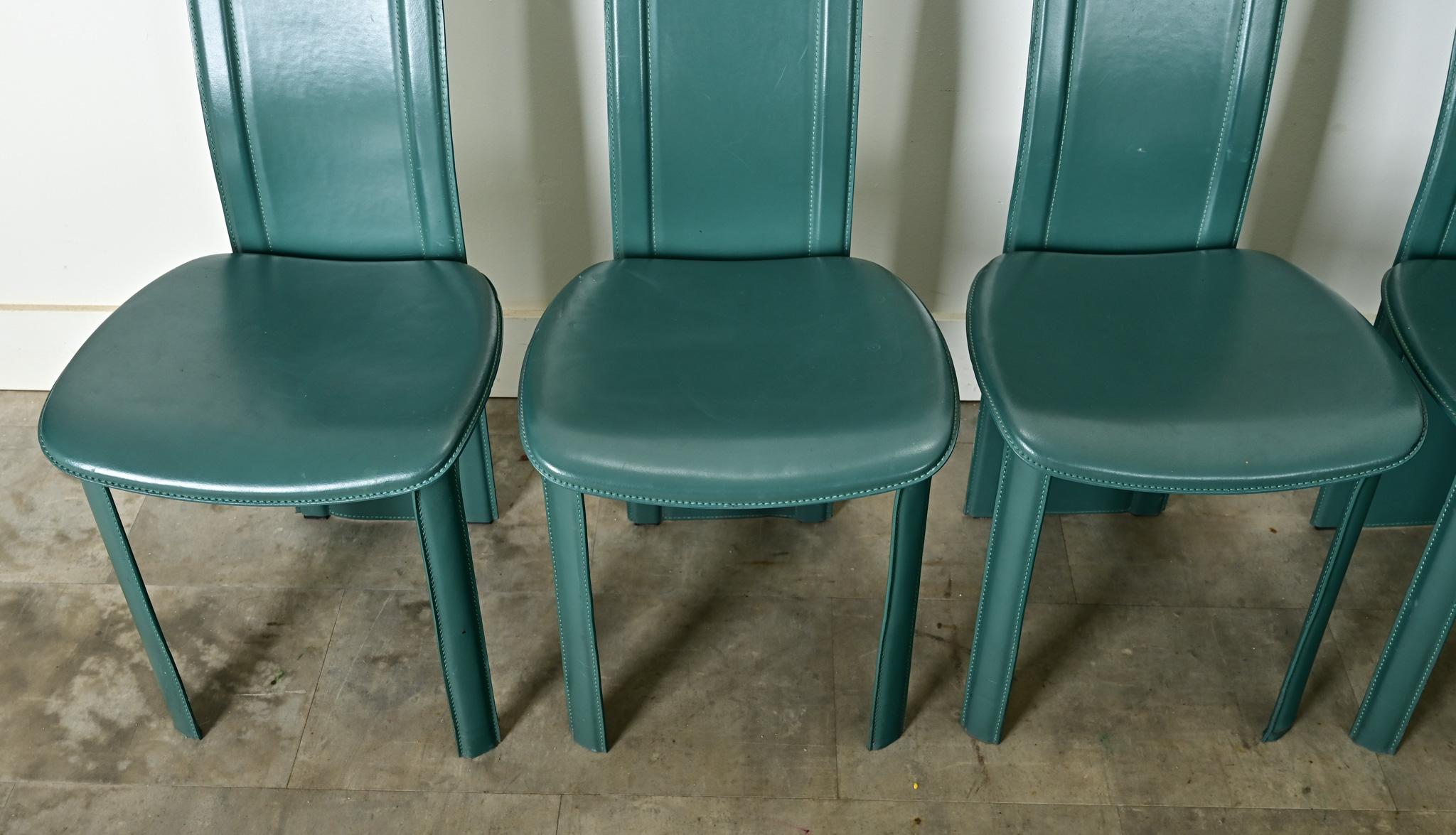 Set of Six Turquoise Leather Postmodern Dining Chairs In Good Condition For Sale In Baton Rouge, LA