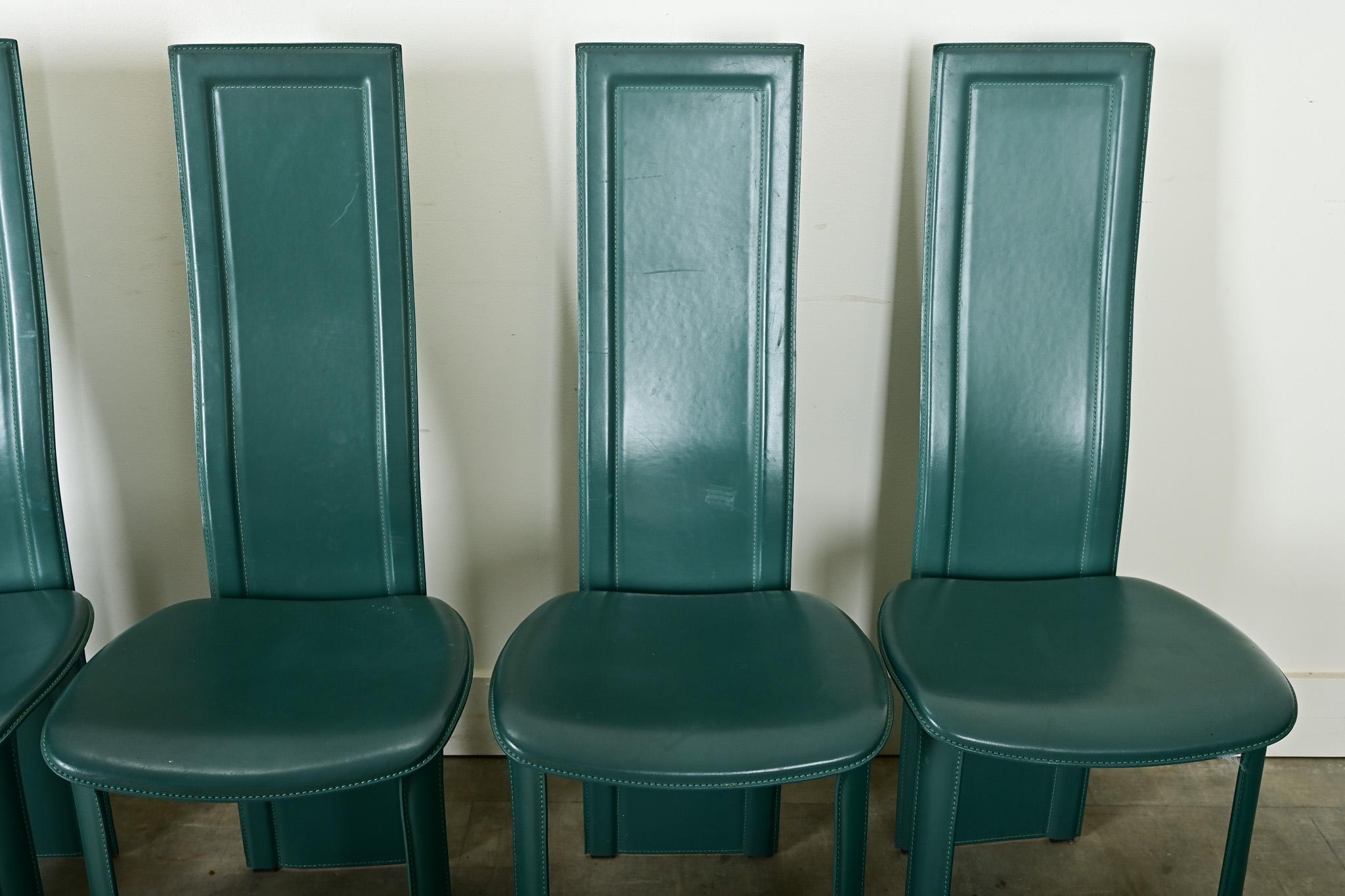 20th Century Set of Six Turquoise Leather Postmodern Dining Chairs For Sale