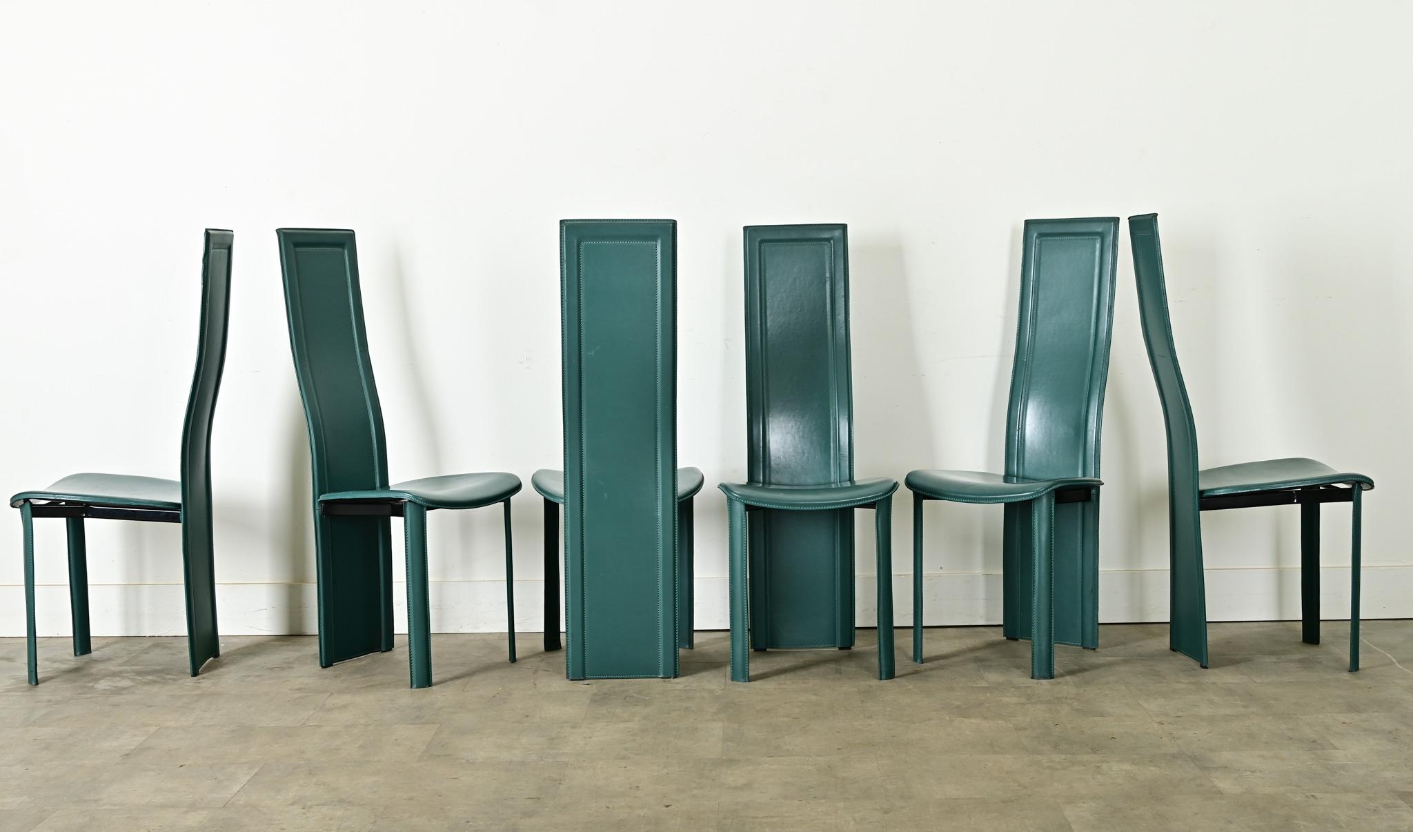 Steel Set of Six Turquoise Leather Postmodern Dining Chairs For Sale