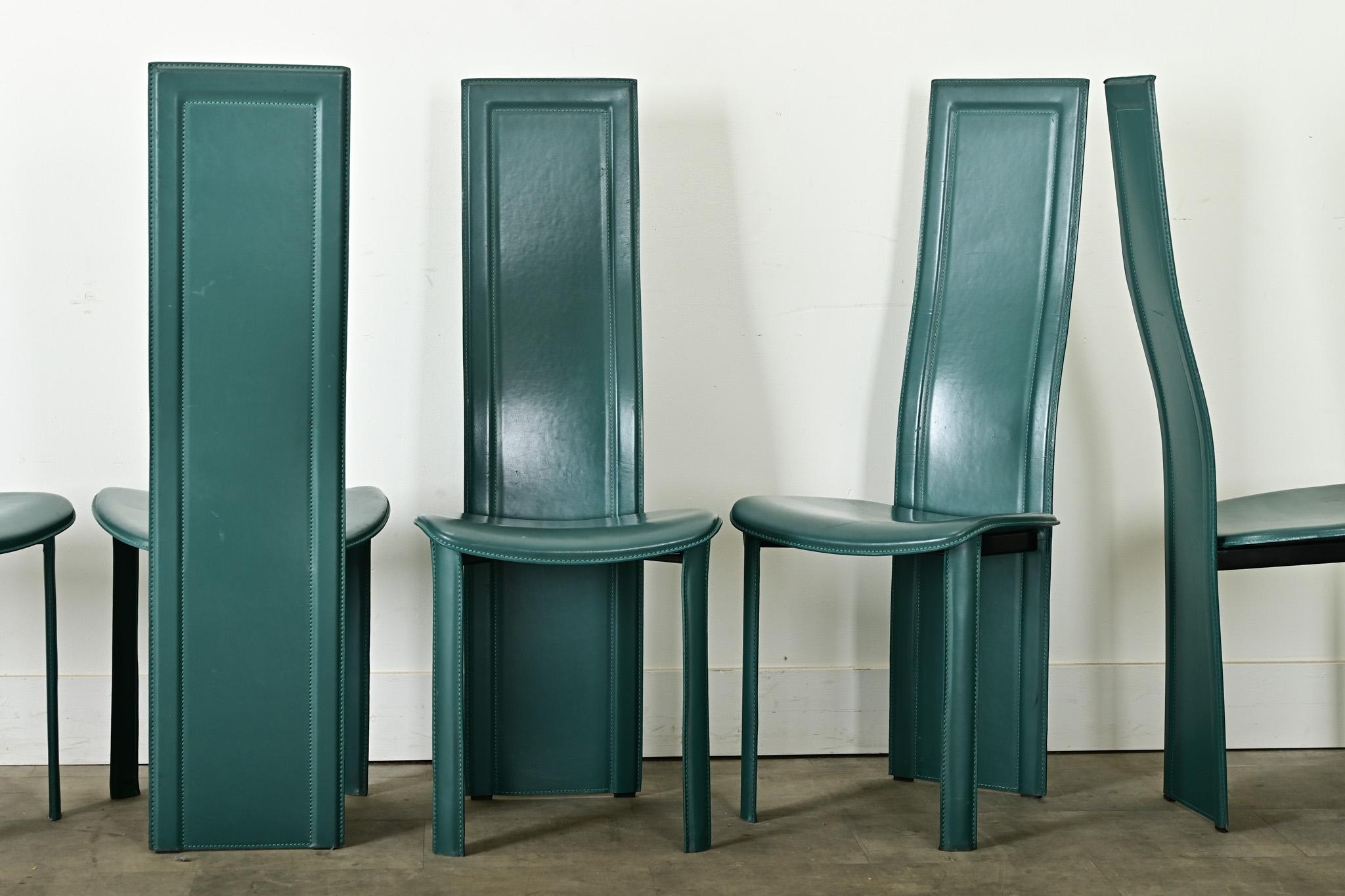 Set of Six Turquoise Leather Postmodern Dining Chairs For Sale 1