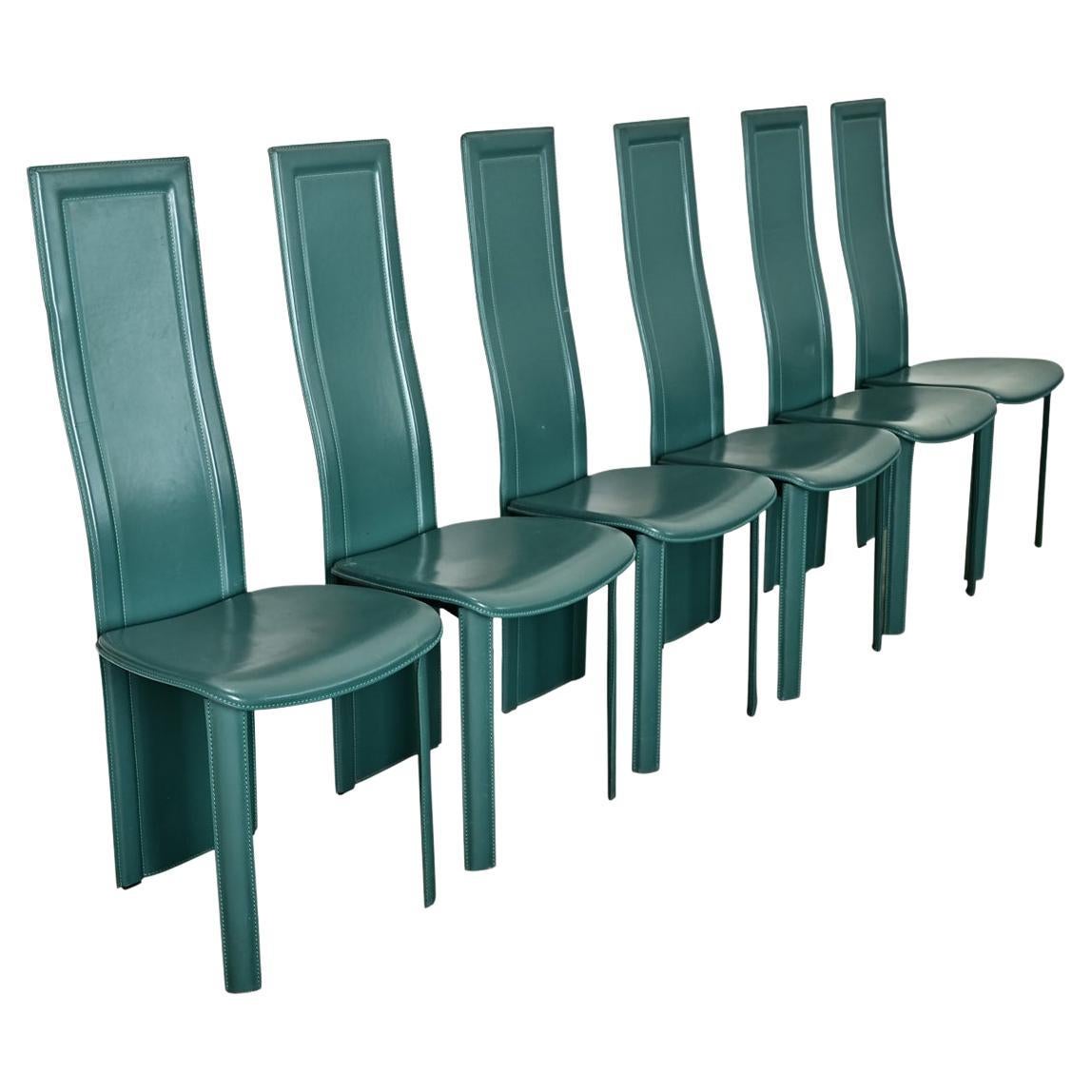 Set of Six Turquoise Leather Postmodern Dining Chairs For Sale