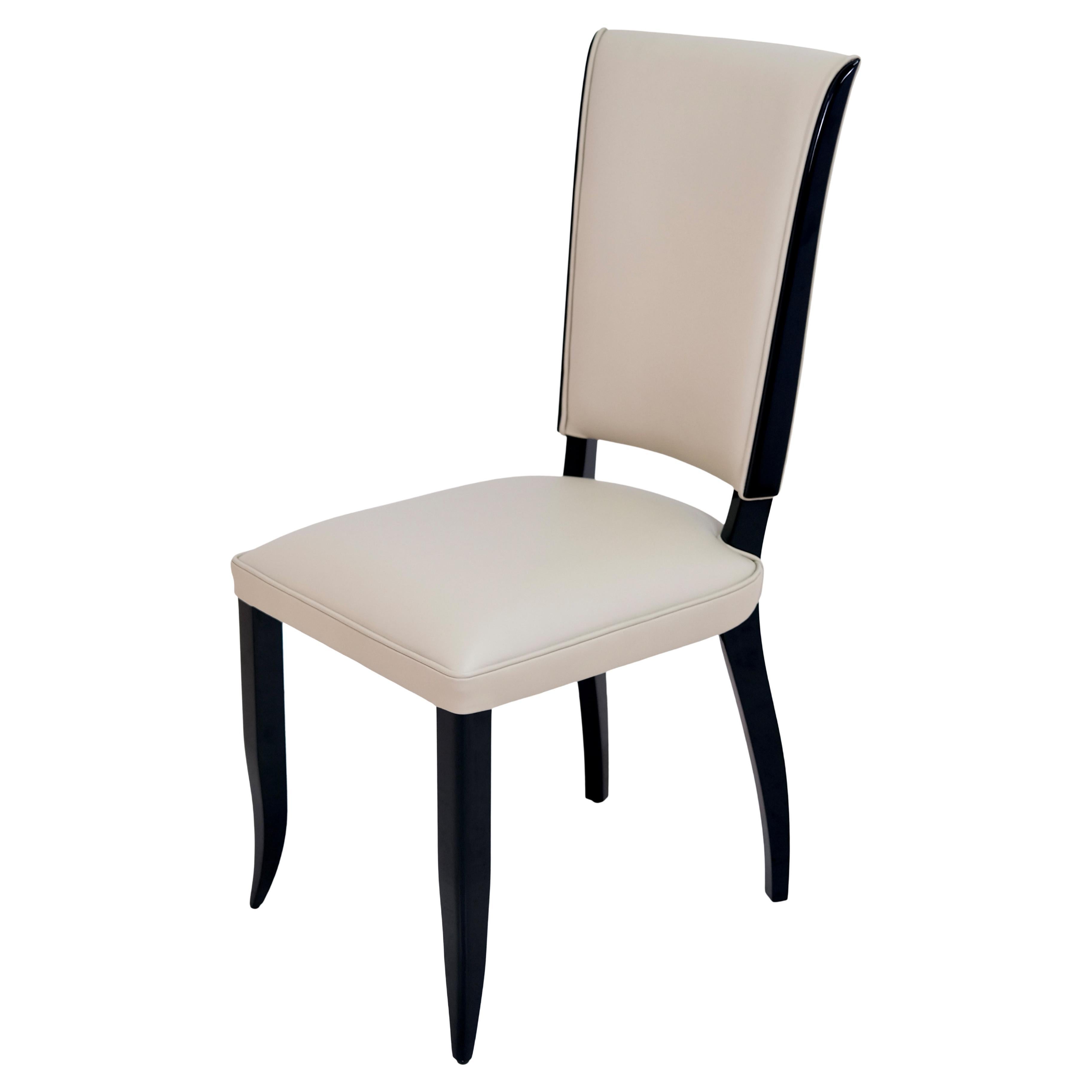 Set of Six Typical Art Deco Dining Room Chairs Black Lacquer and Beige Leather For Sale