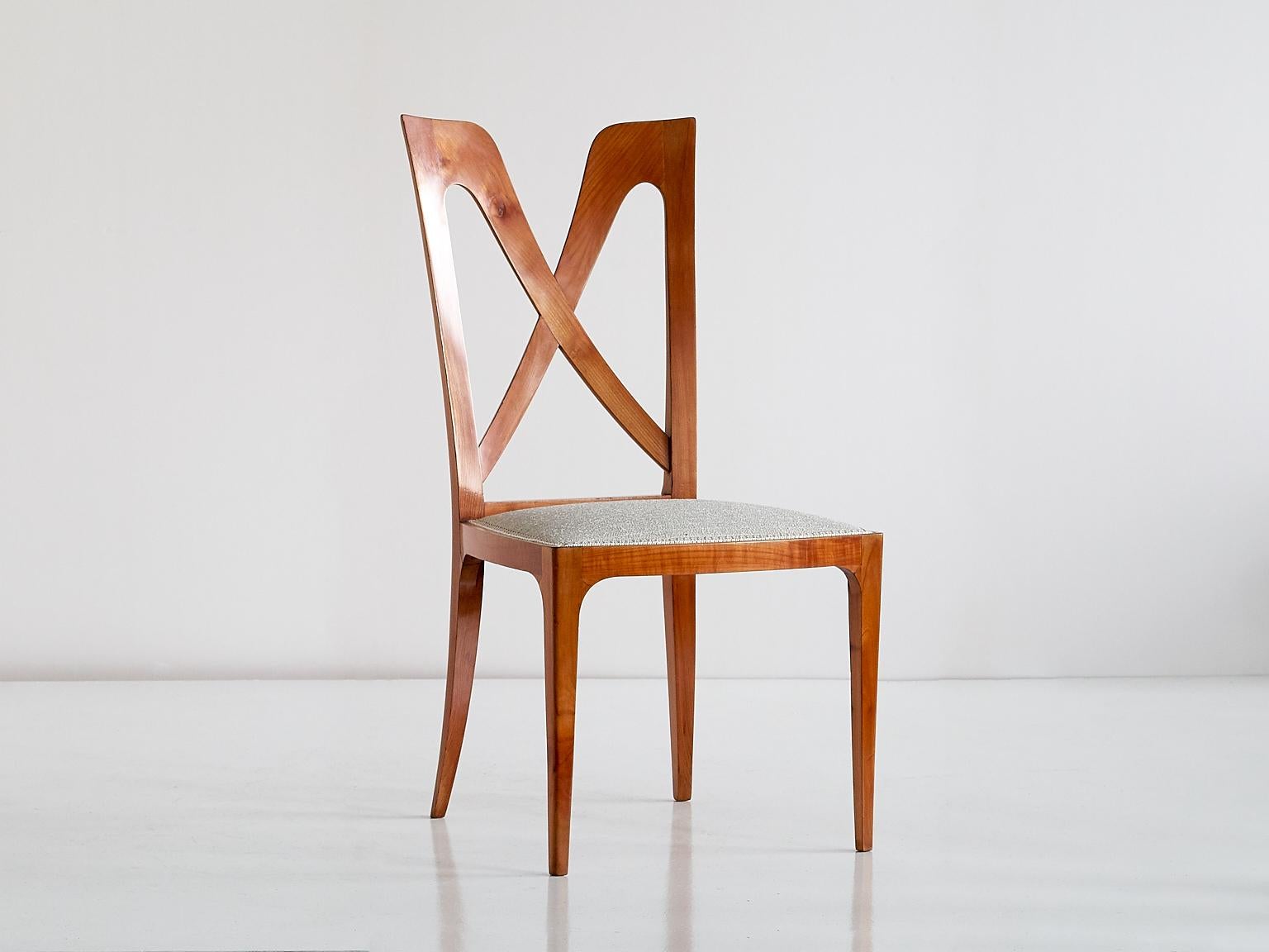 Fabric Set of Six Ulderico Carlo Forni Dining Chairs in Cherry Wood, Italy, 1940s For Sale