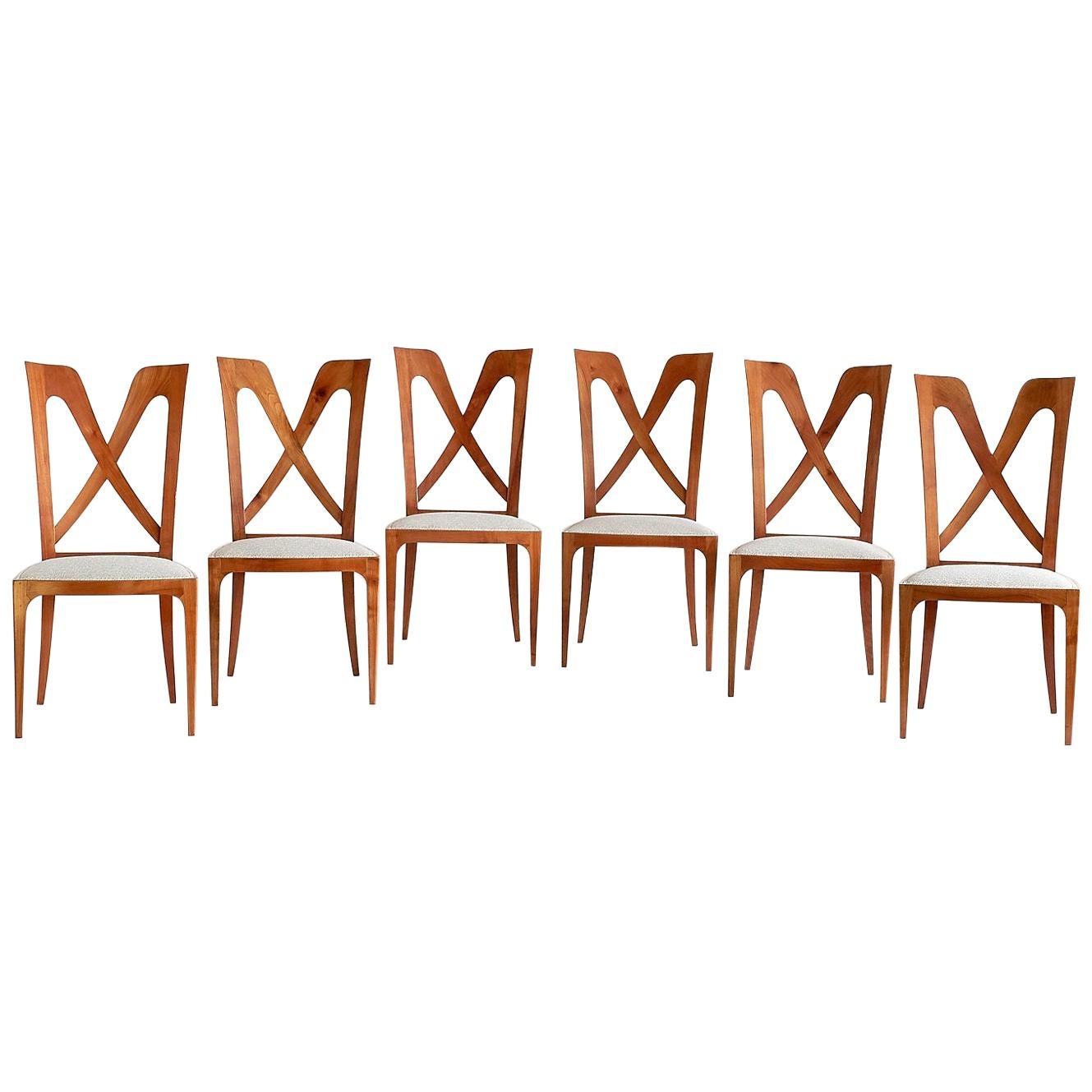 Set of Six Ulderico Carlo Forni Dining Chairs in Cherry Wood, Italy, 1940s