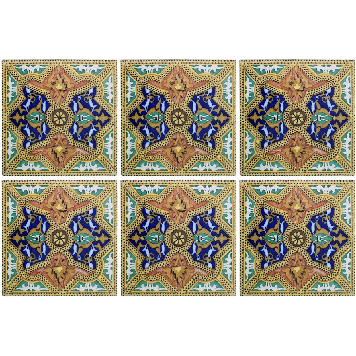 Set of 6 exceptional antique Spanish wall tiles, white with rich colors cobalt blue and moss green (Onda, Spain Valencia). 
The dimensions per tile are 7.9 inch (20 cm) × 7.9 inch (20 cm). 

Please note that the piece is for the set!