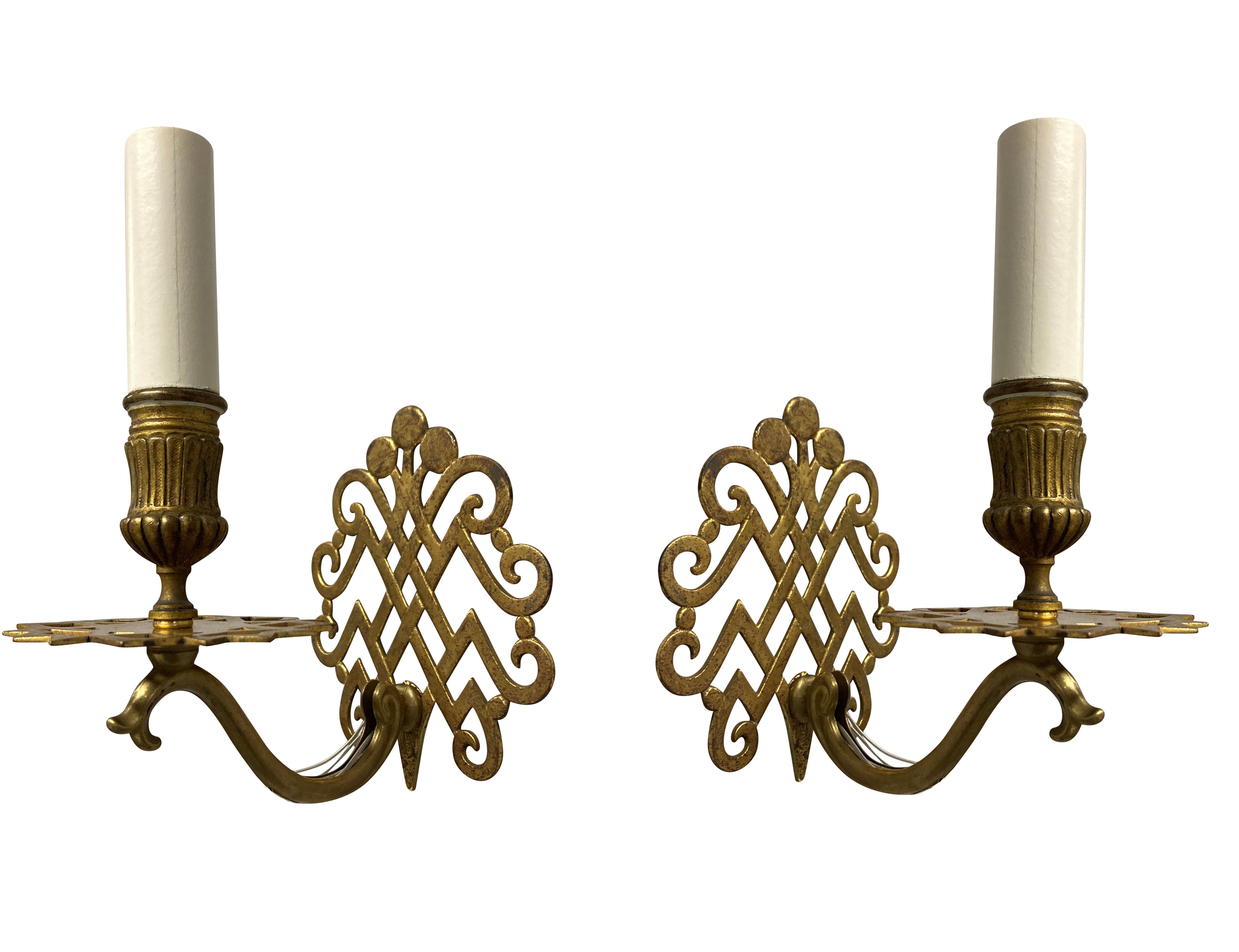French Set of Six Unusual Brass Single Arm Sconces For Sale
