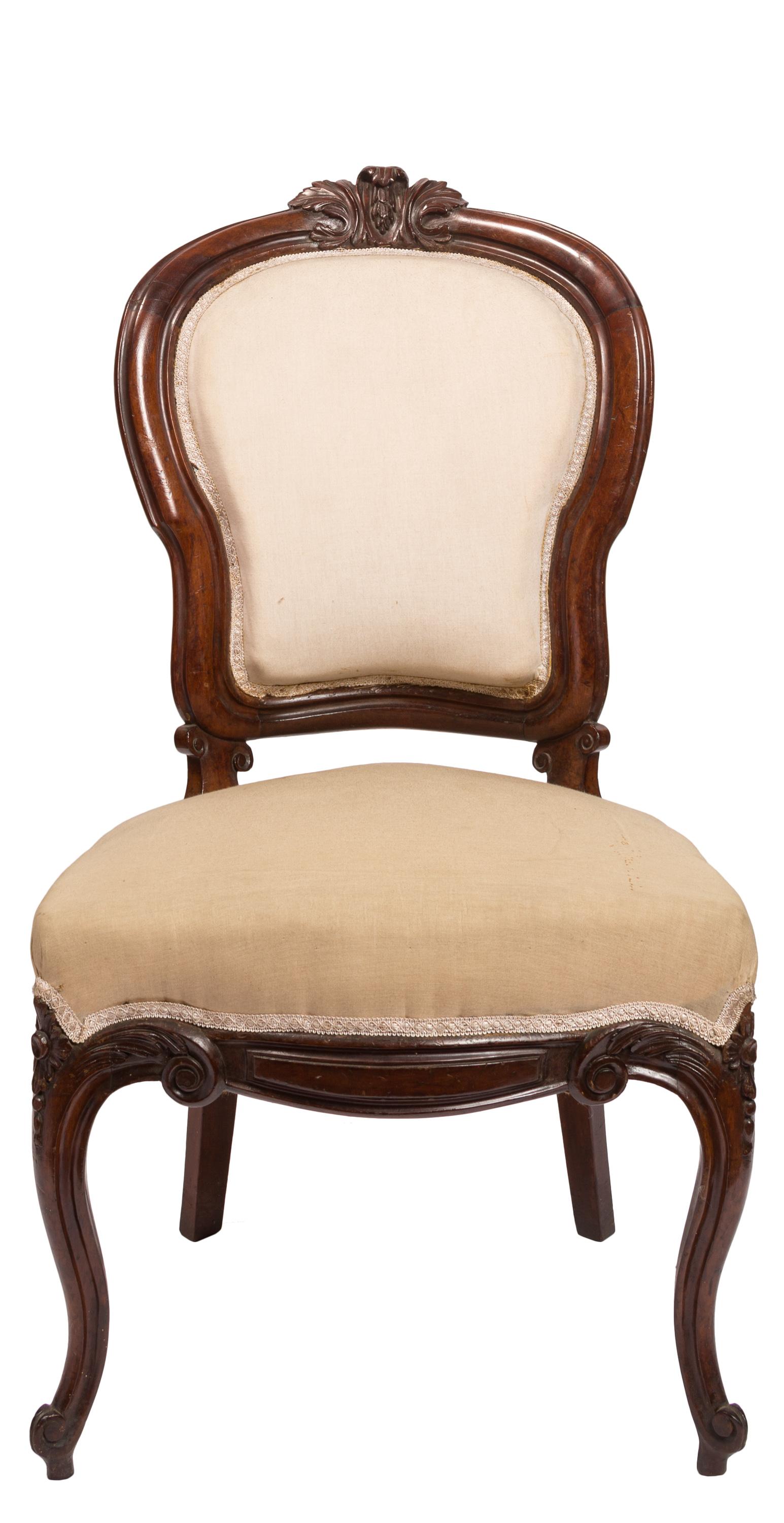 A set of six Spanish Isabelina style / Victorian period side chairs with upholstered seat and upper back. Covered in neutral fabric, they can be reupholstered to match any interior or design scheme. Standing sturdily on elegant cabriole legs, the