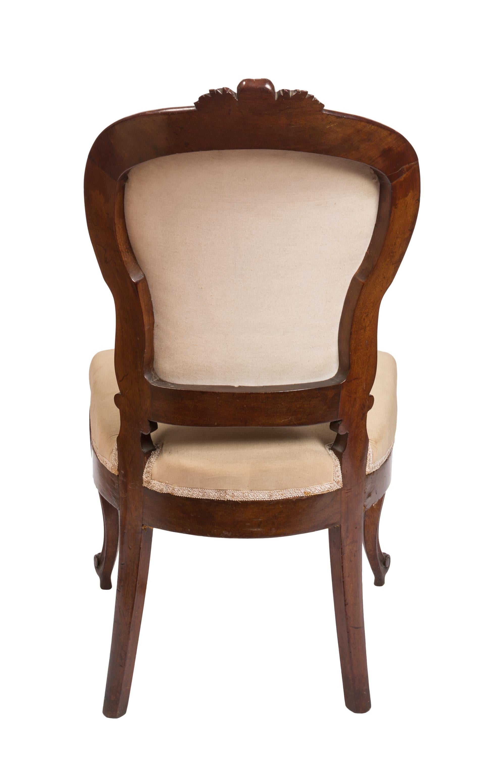Hardwood Set of Six Upholstered, Carved Spanish Isabelina / Victorian Period Side Chairs For Sale