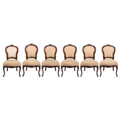 Antique Set of Six Upholstered, Carved Spanish Isabelina / Victorian Period Side Chairs
