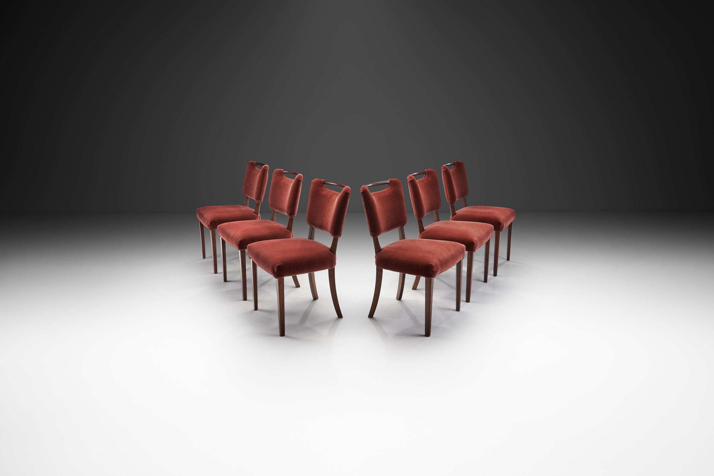 Mid-20th Century Set of Six Upholstered Dining Chairs by a European Cabinetmaker, Europe ca 1950s For Sale