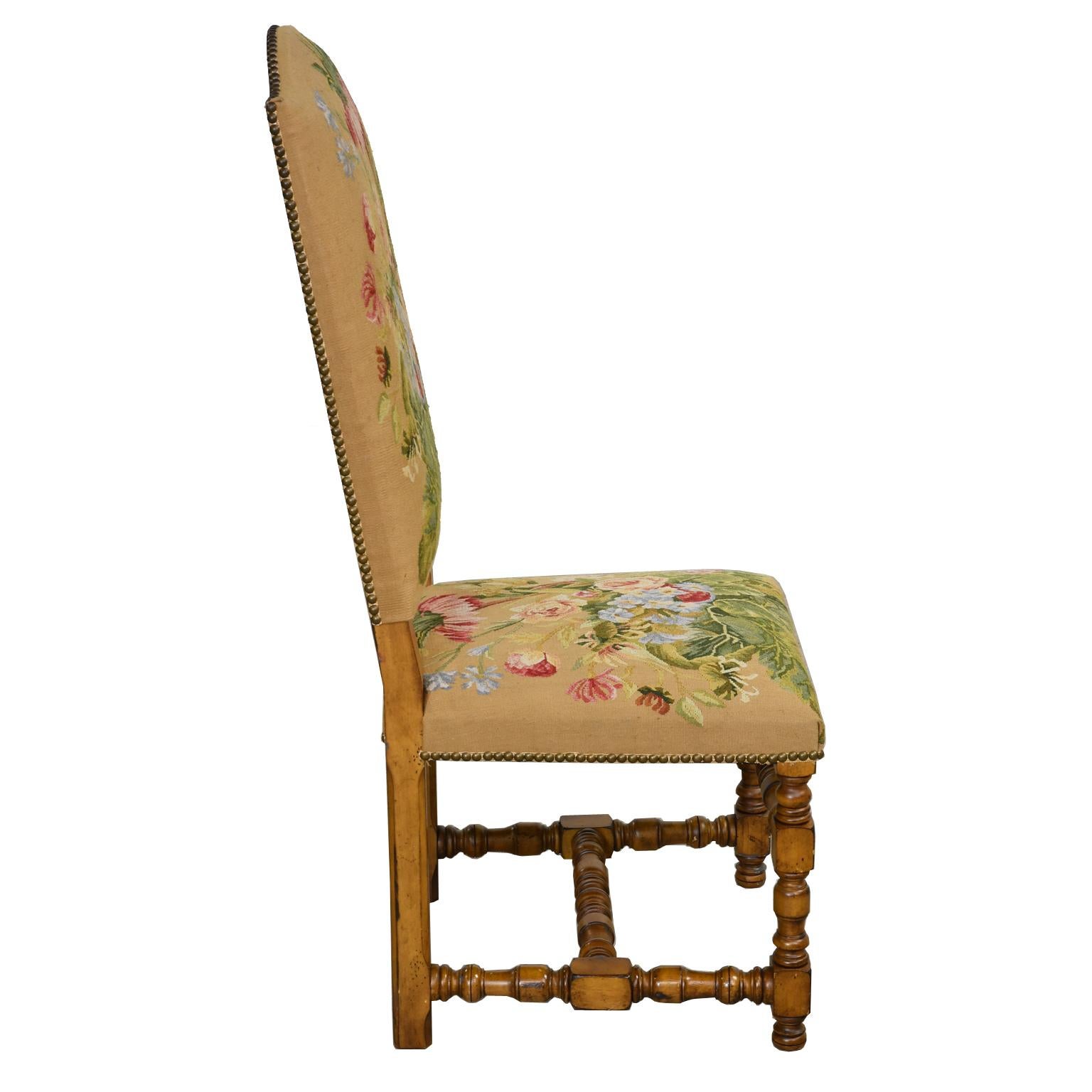 Set of Six Upholstered Dining Chairs with Fine Floral Tapestry and Turned Legs 1