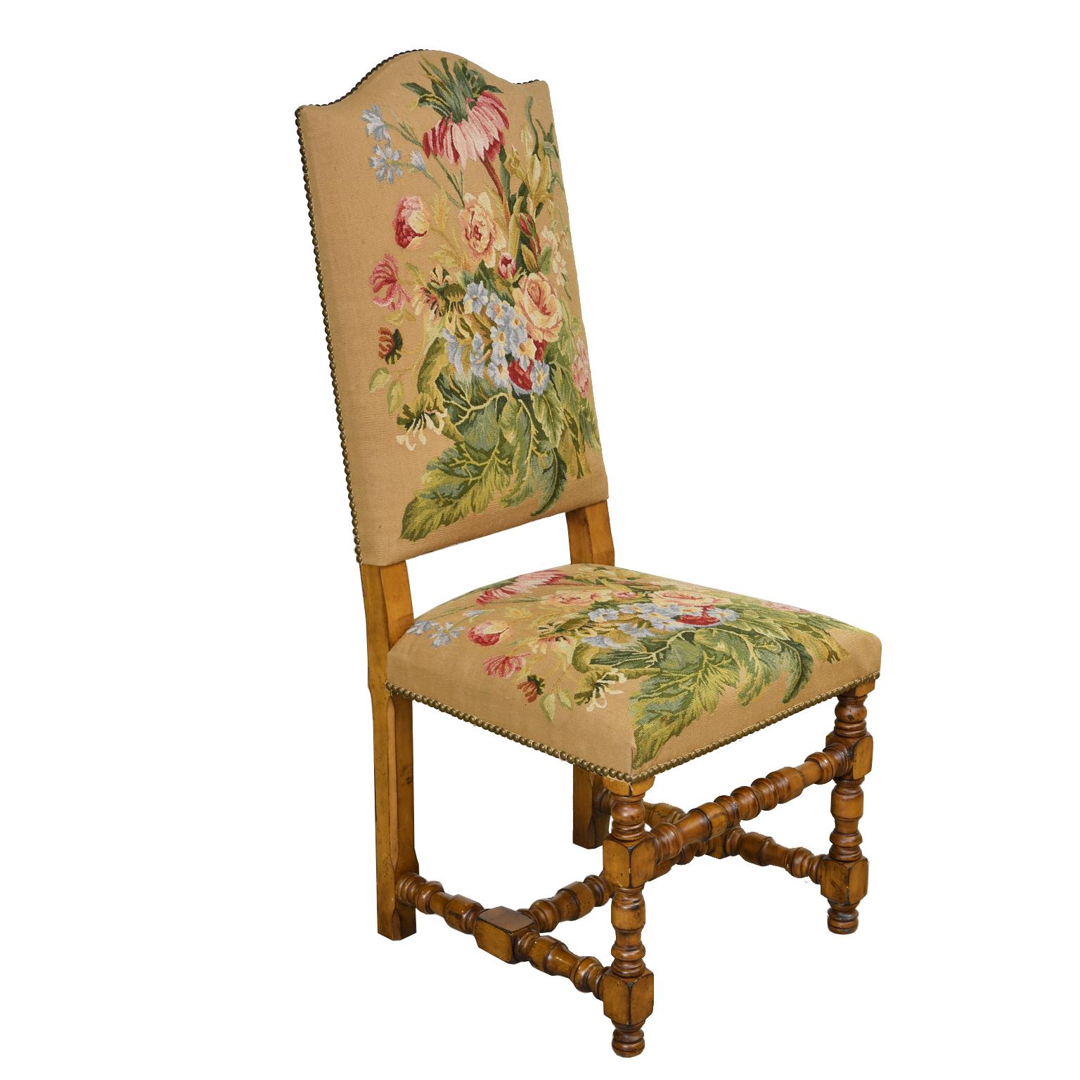Set of Six Upholstered Dining Chairs with Fine Floral Tapestry and Turned Legs 2