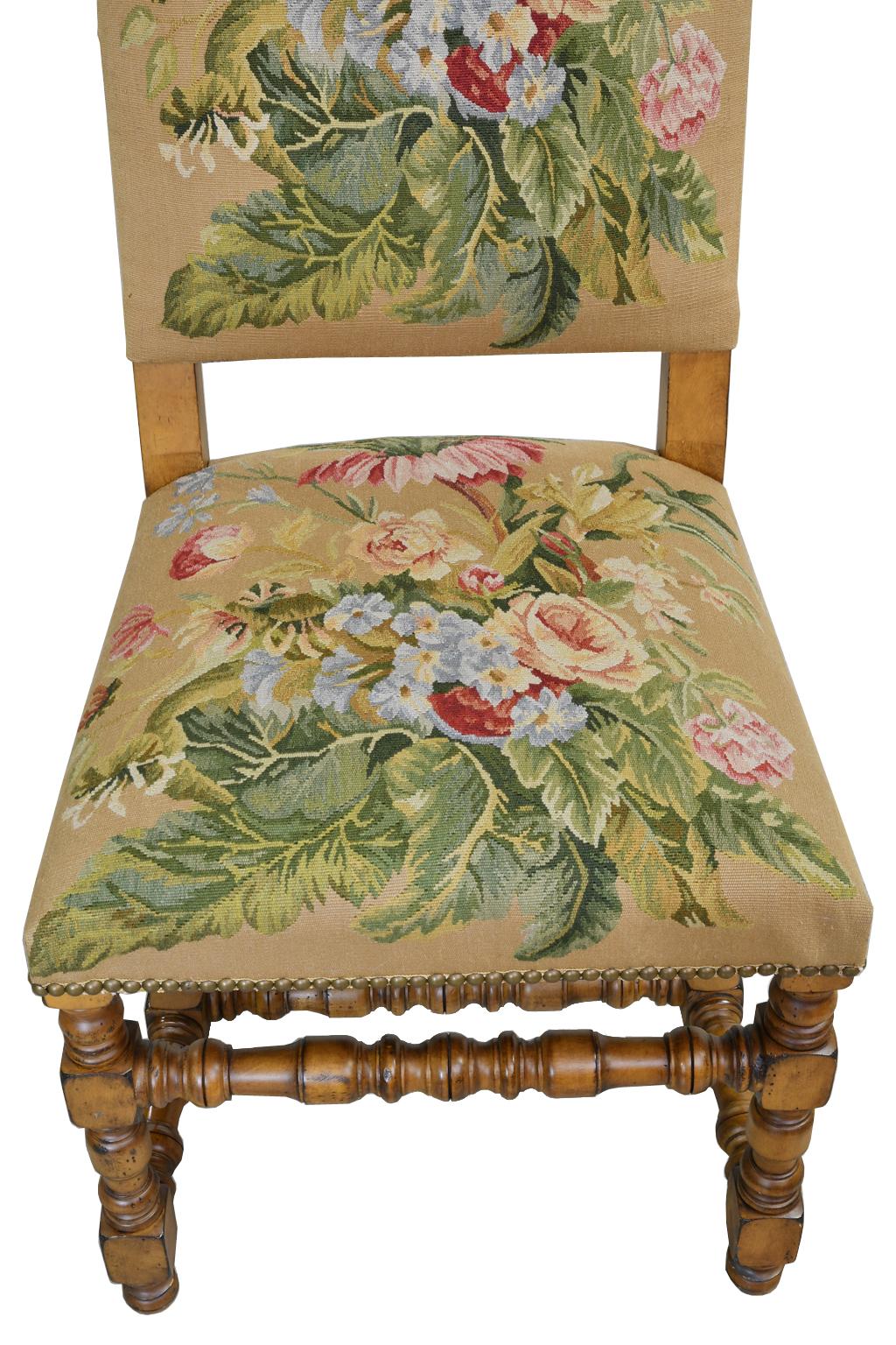 Set of Six Upholstered Dining Chairs with Fine Floral Tapestry and Turned Legs 3