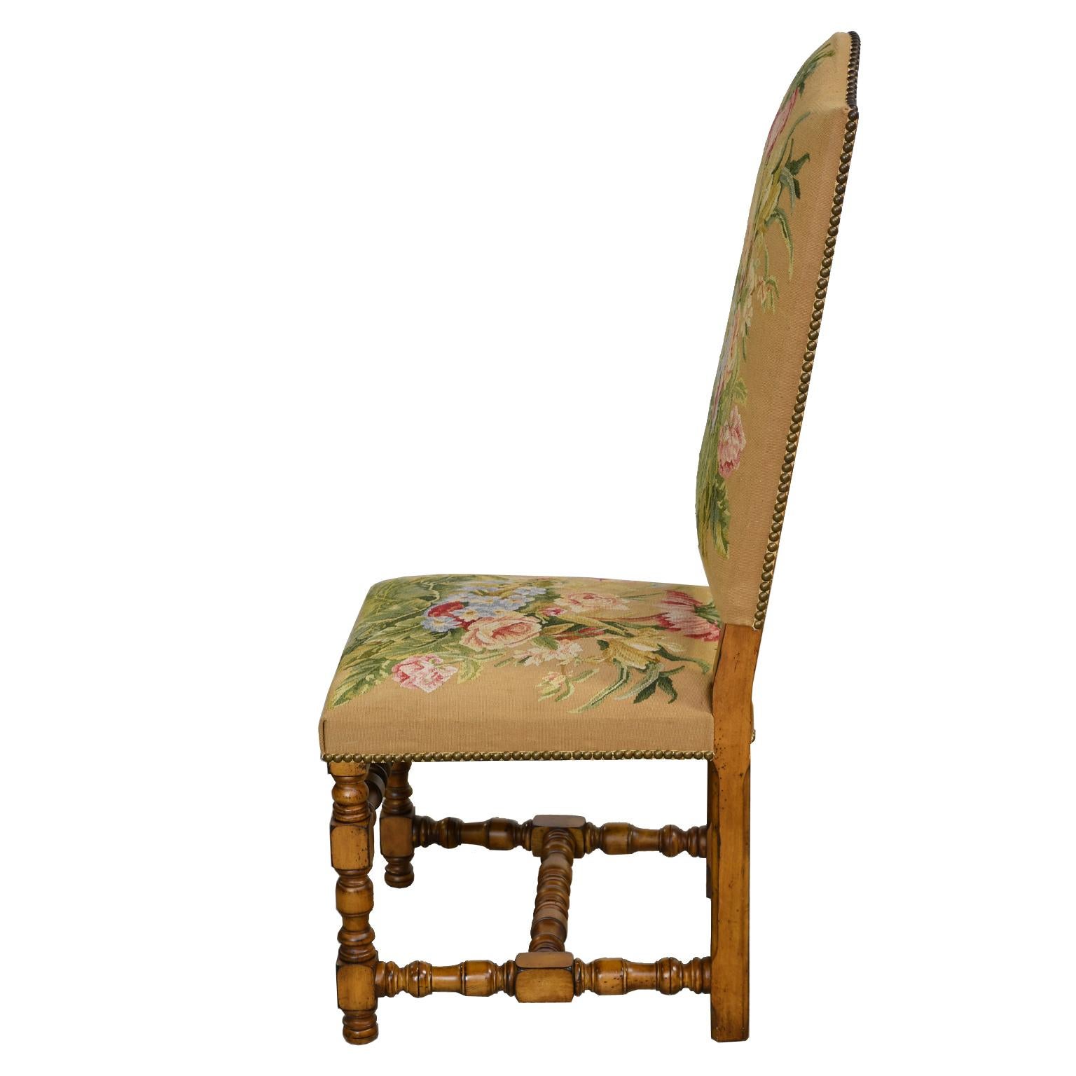 Renaissance Set of Six Upholstered Dining Chairs with Fine Floral Tapestry and Turned Legs