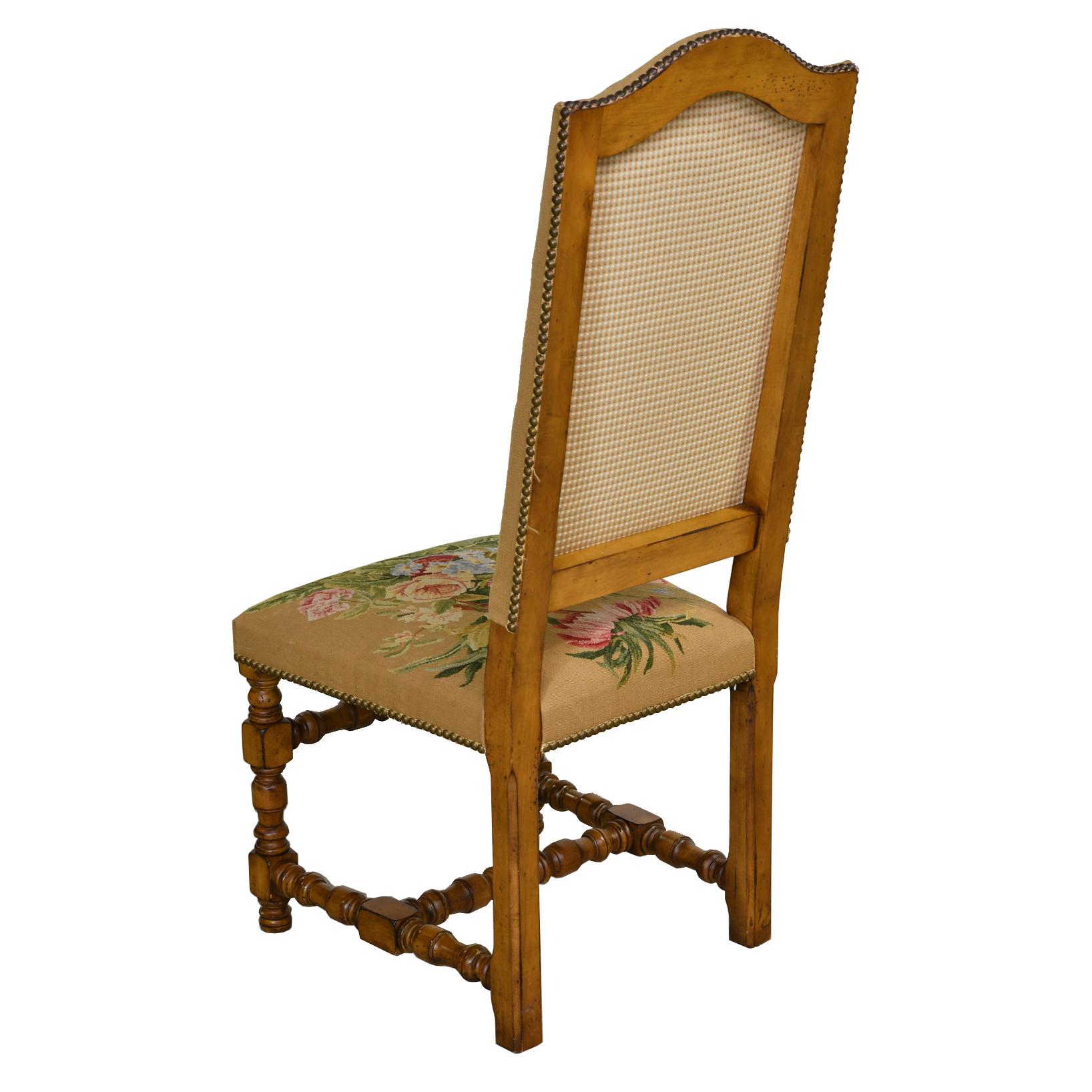 Asian Set of Six Upholstered Dining Chairs with Fine Floral Tapestry and Turned Legs