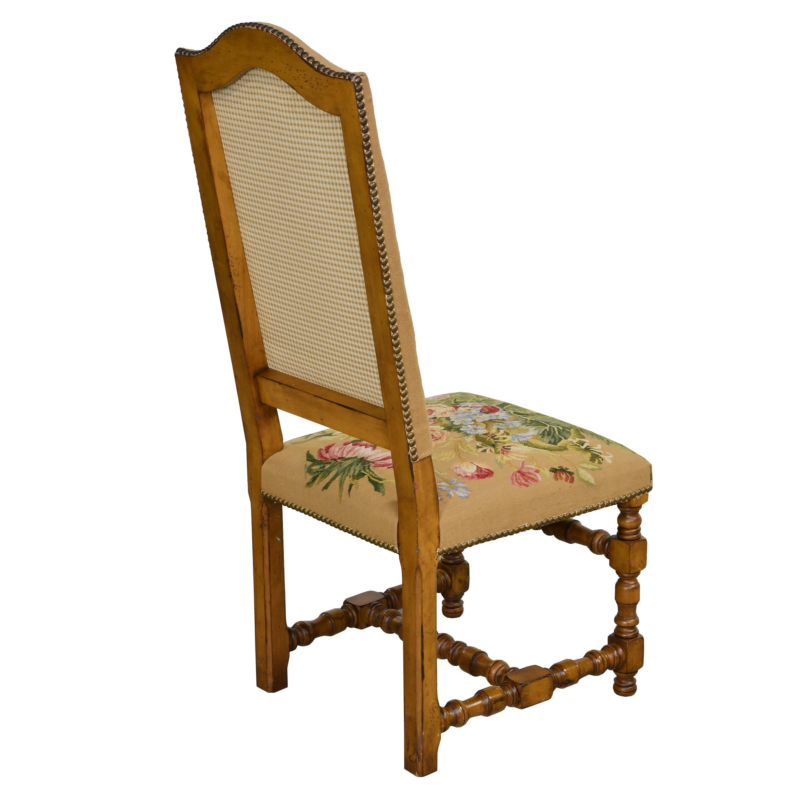 Contemporary Set of Six Upholstered Dining Chairs with Fine Floral Tapestry and Turned Legs