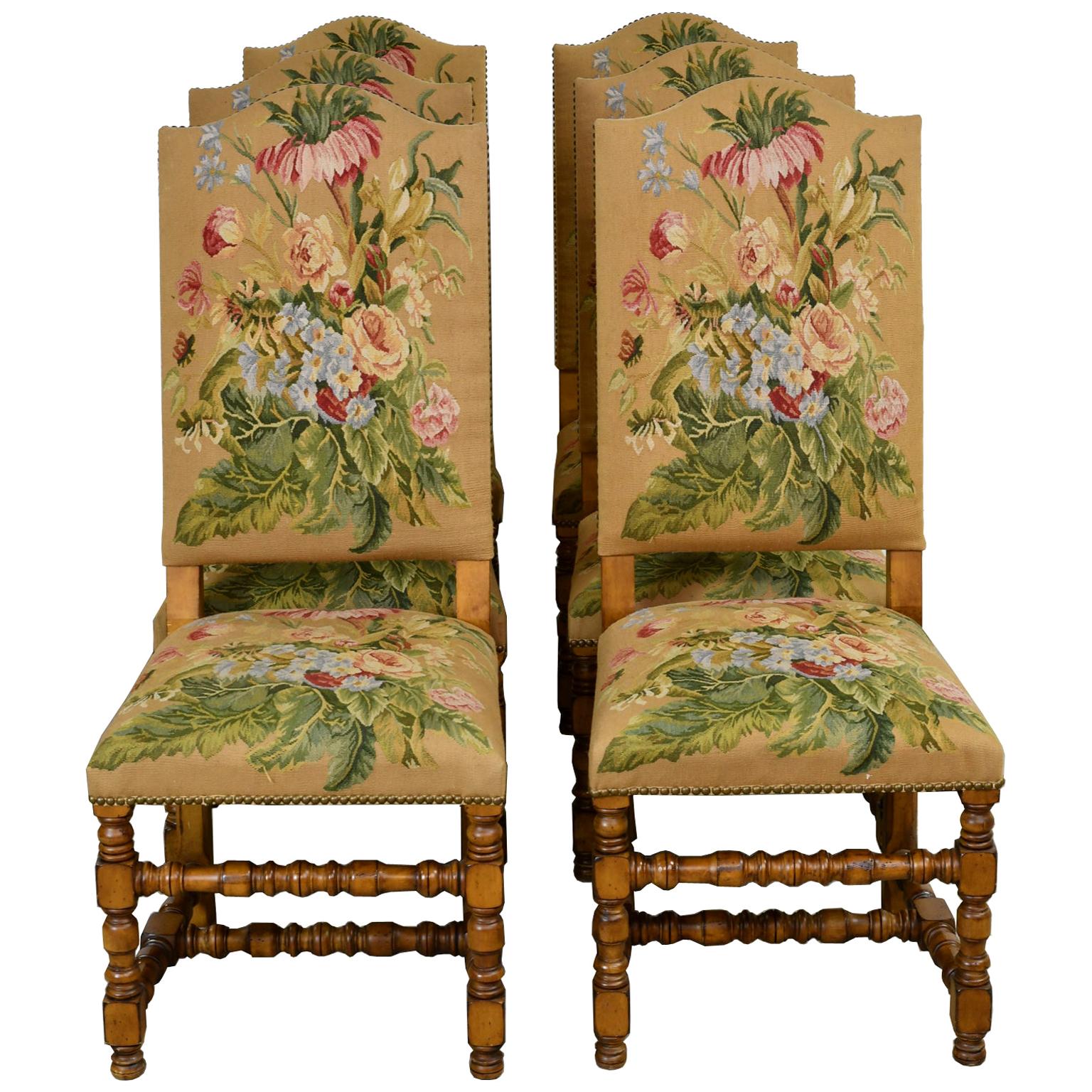 Set of Six Upholstered Dining Chairs with Fine Floral Tapestry and Turned Legs