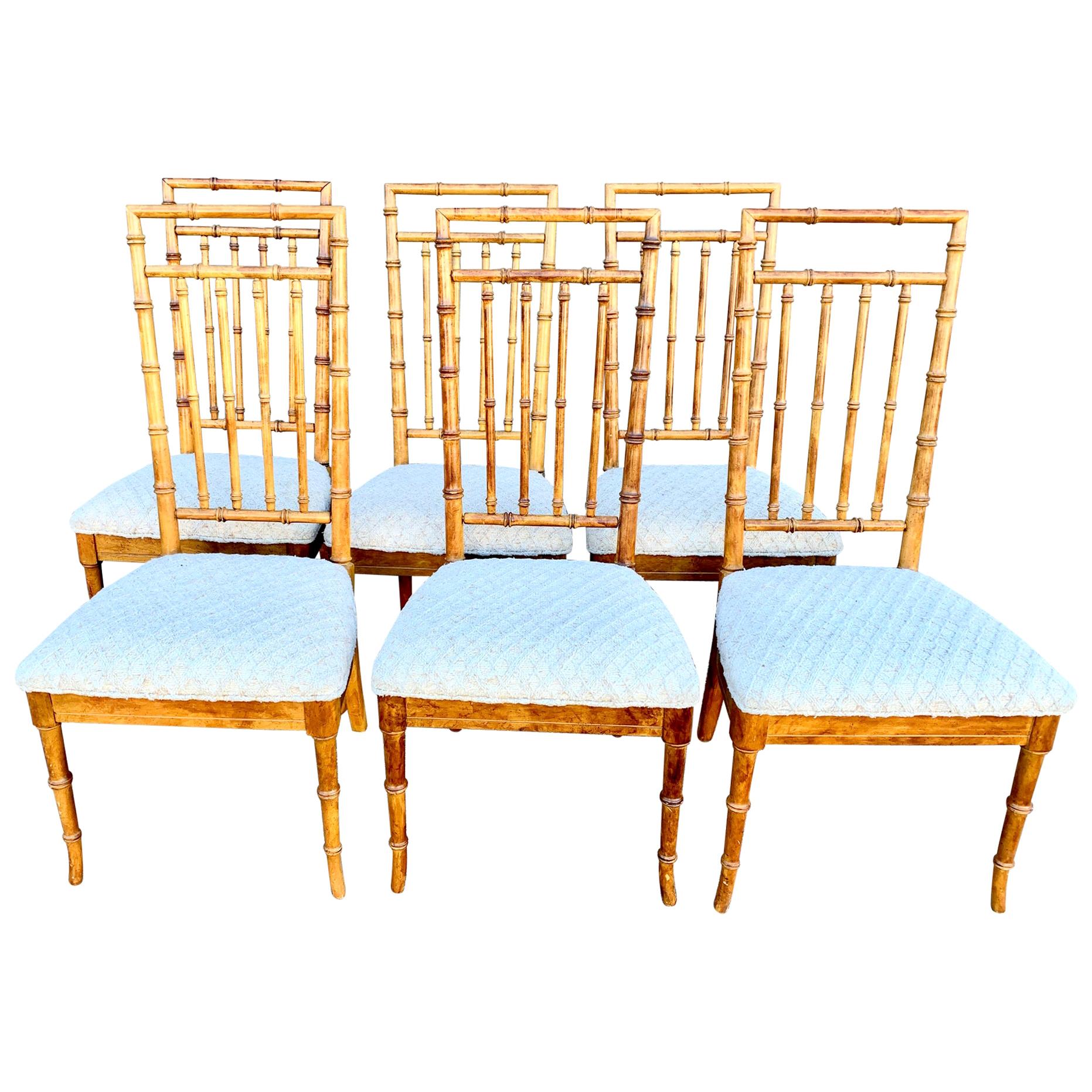 Set of Six Upholstered Fruitwood Bamboo Style Dining Chairs