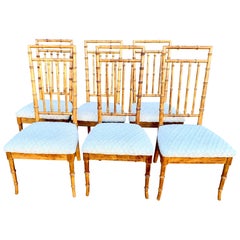 Set of Six Upholstered Fruitwood Bamboo Style Dining Chairs