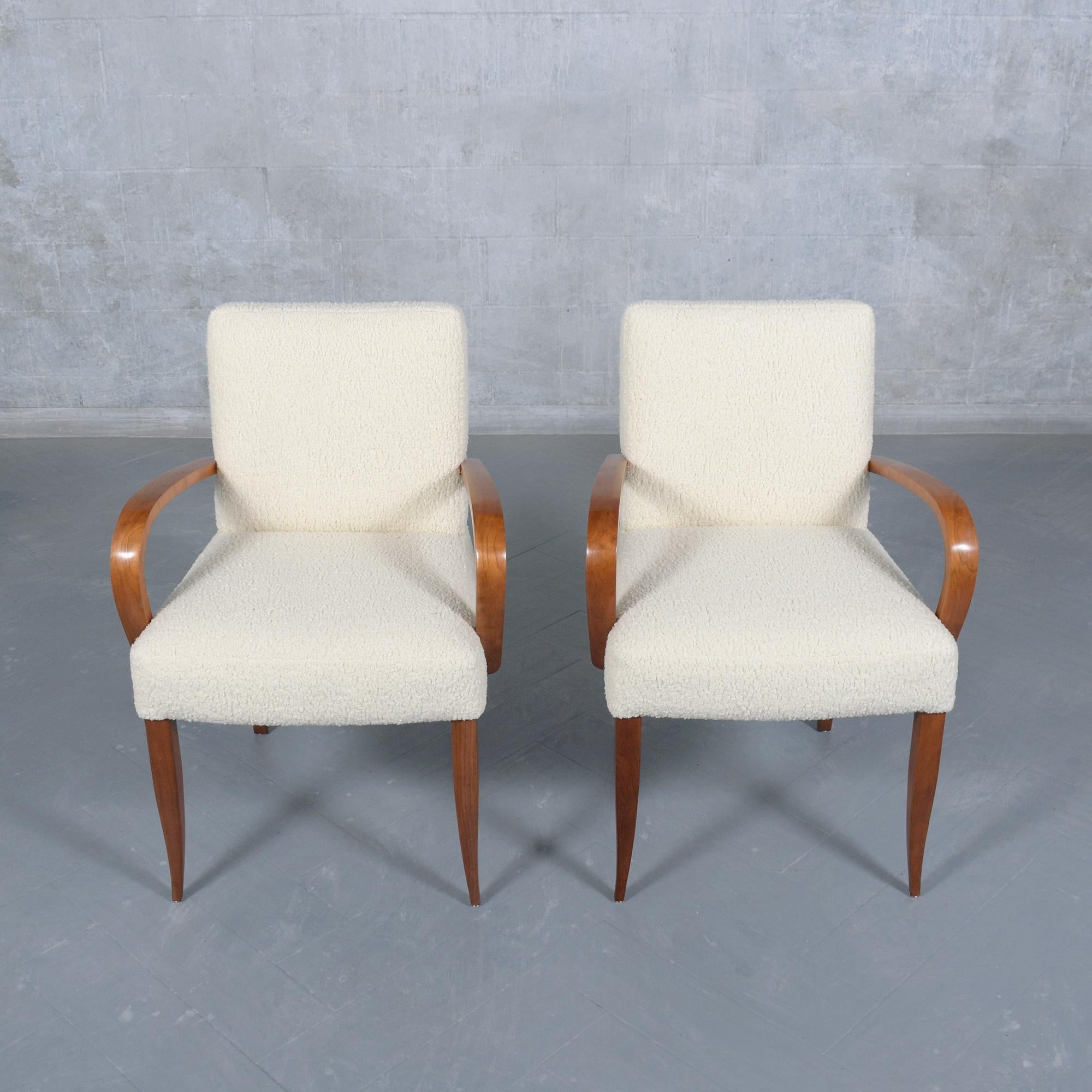 Carved Set of 6 Mid-Century Modern Walnut Armchairs: Restored Elegance For Sale