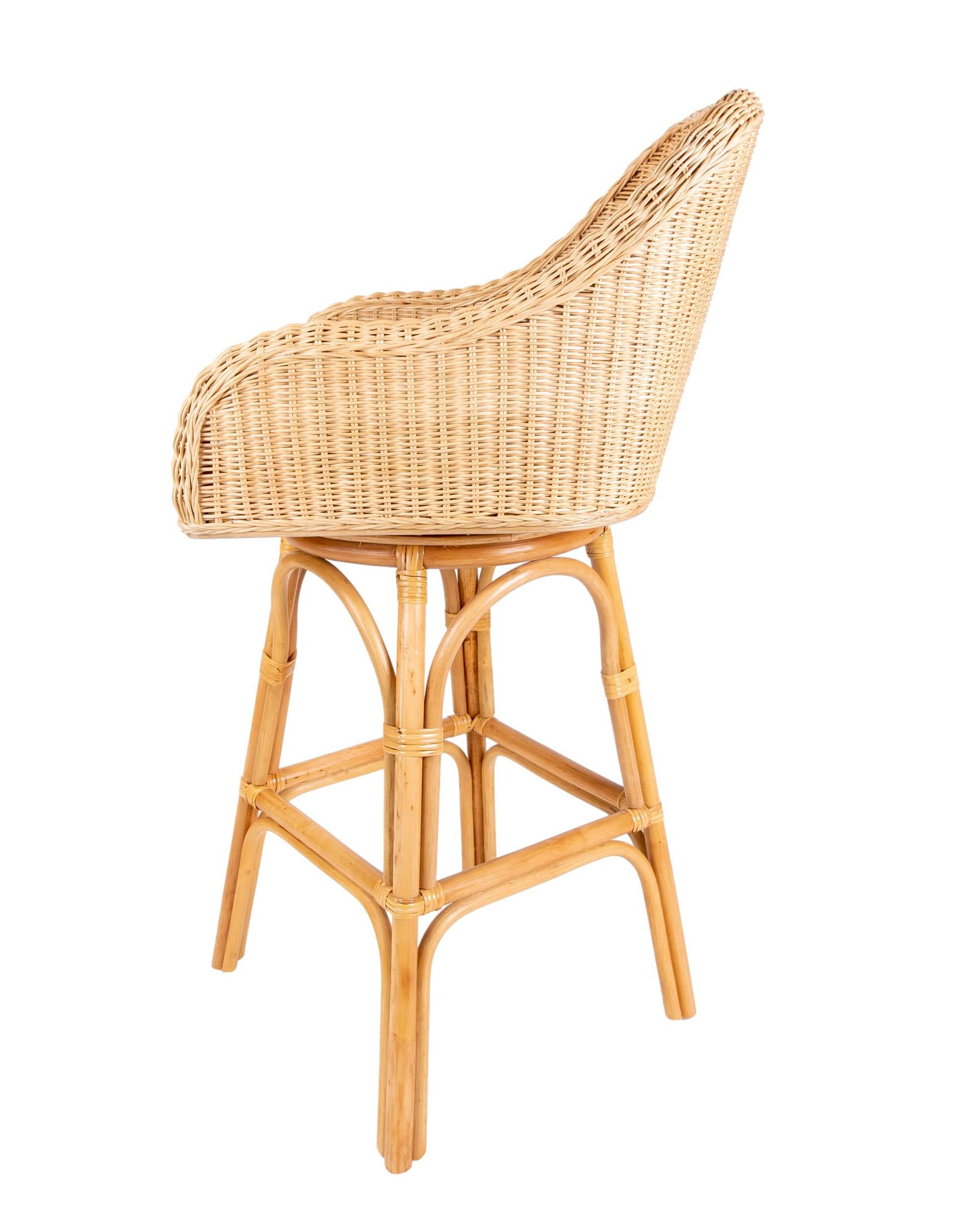Set of Six Upholstered Rattan and Wicker Bar stools with Movement For Sale 1