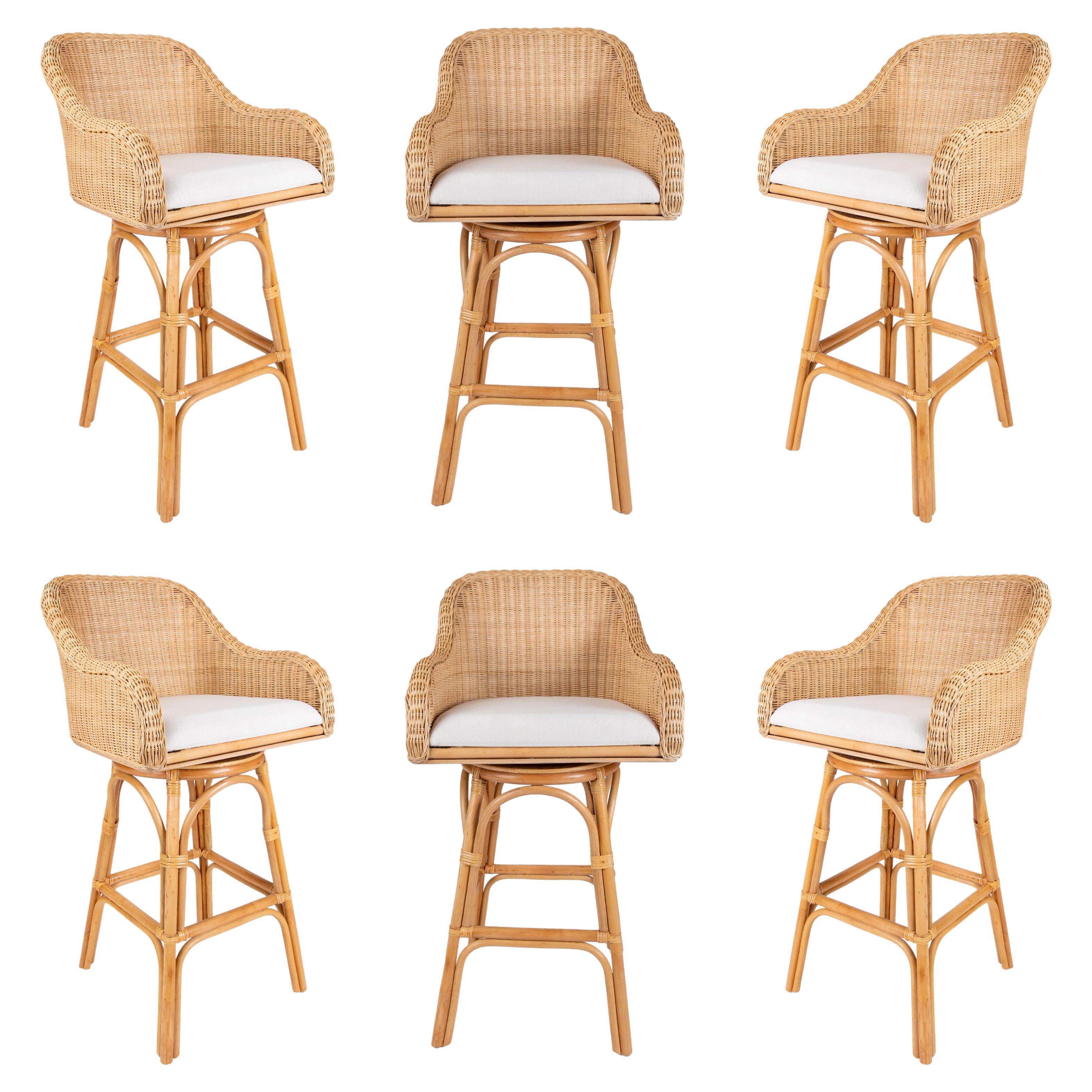 Set of Six Upholstered Rattan and Wicker Bar stools with Movement For Sale