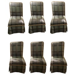 Set aus sechs gepolsterten Seiden-Esszimmerstühlen in Teal-Farbe mit Seidenkanten und Seilholzkanten