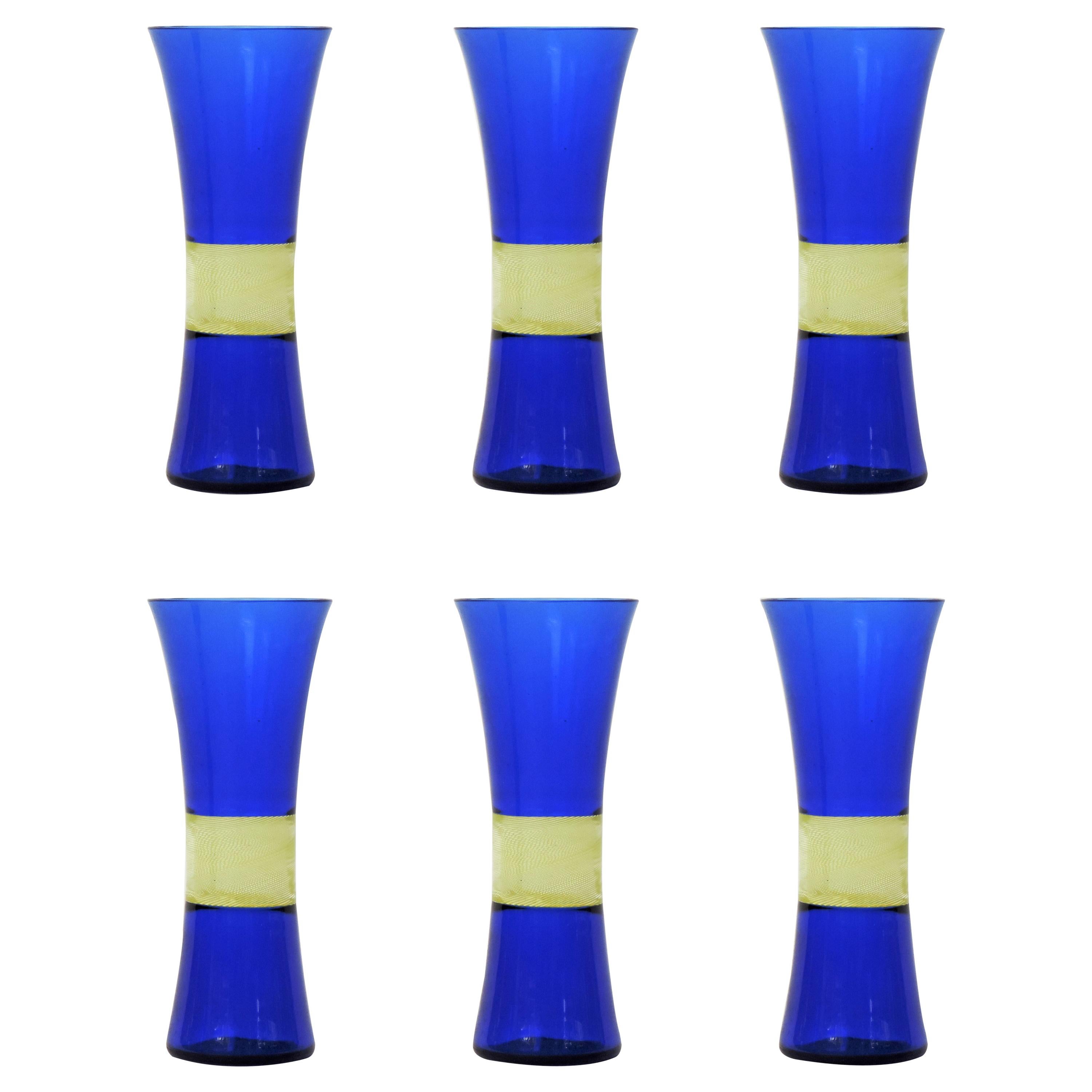 Set of Six Venini Drinking Glasses in Blue and Yellow Murano Glass For Sale