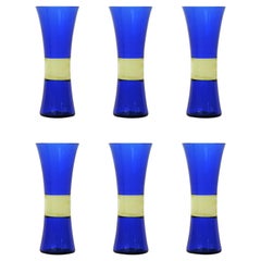 Set of Six Venini Drinking Glasses in Blue and Yellow Murano Glass