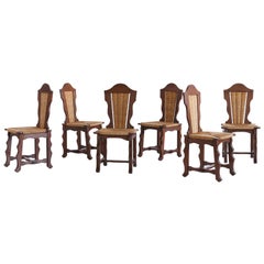 Antique Set of Six Victor Courtray Attributed Dining Chairs in Oak and Rush, 1950s