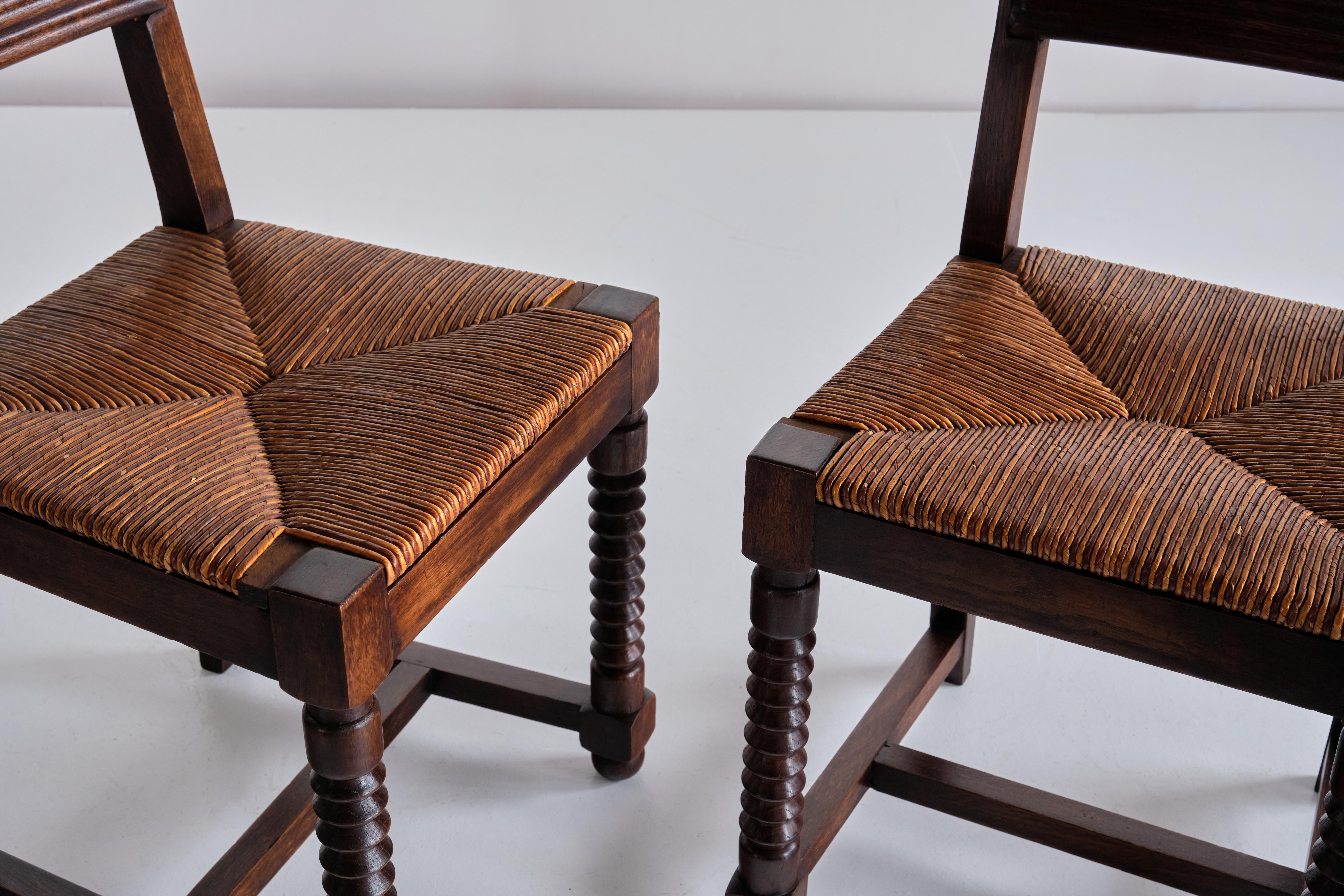 Straw Set of Six Victor Courtray Dining Chairs in Oak and Rush, France, 1940s For Sale