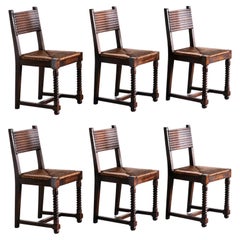 Antique Set of Six Victor Courtray Dining Chairs in Oak and Rush, France, 1940s