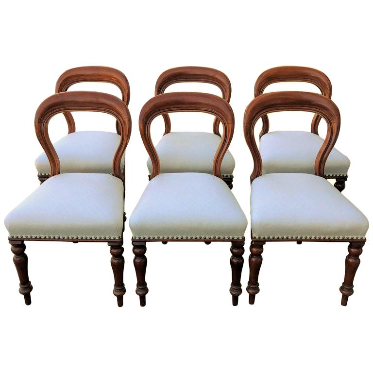 Set of Six Victorian Balloon Back Dining Chairs Ivory Upholstery, circa 1860