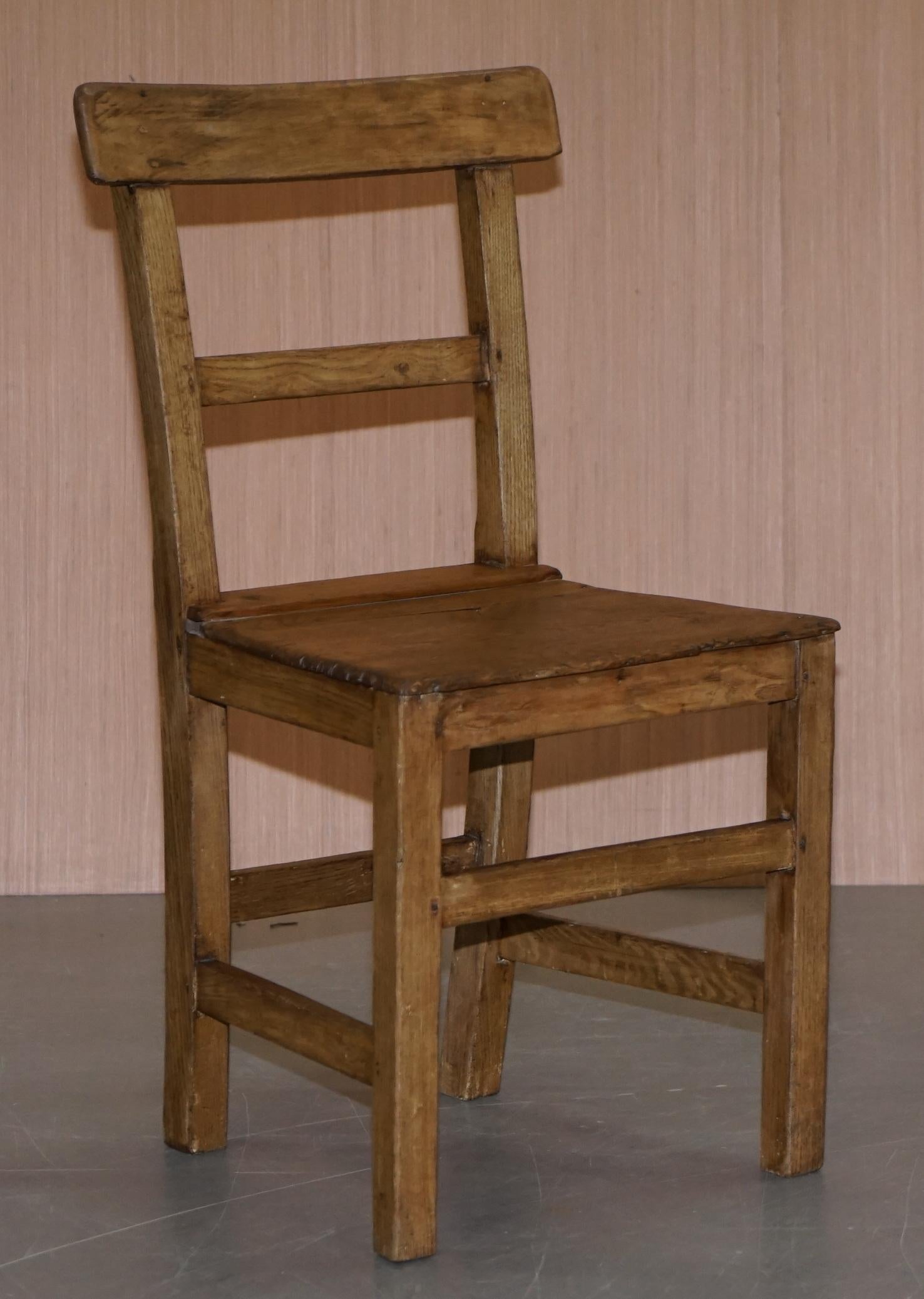 We are delighted to offer for sale this lovely set of six original Victorian farmhouse country chapel dining chairs.

They are made from elm and oak, they are very old and have tonnes of patina marks all-over which make them look and feel simply