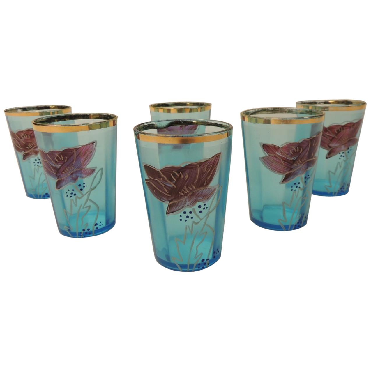 Set of Six Victorian Hand Painted Tea Glasses