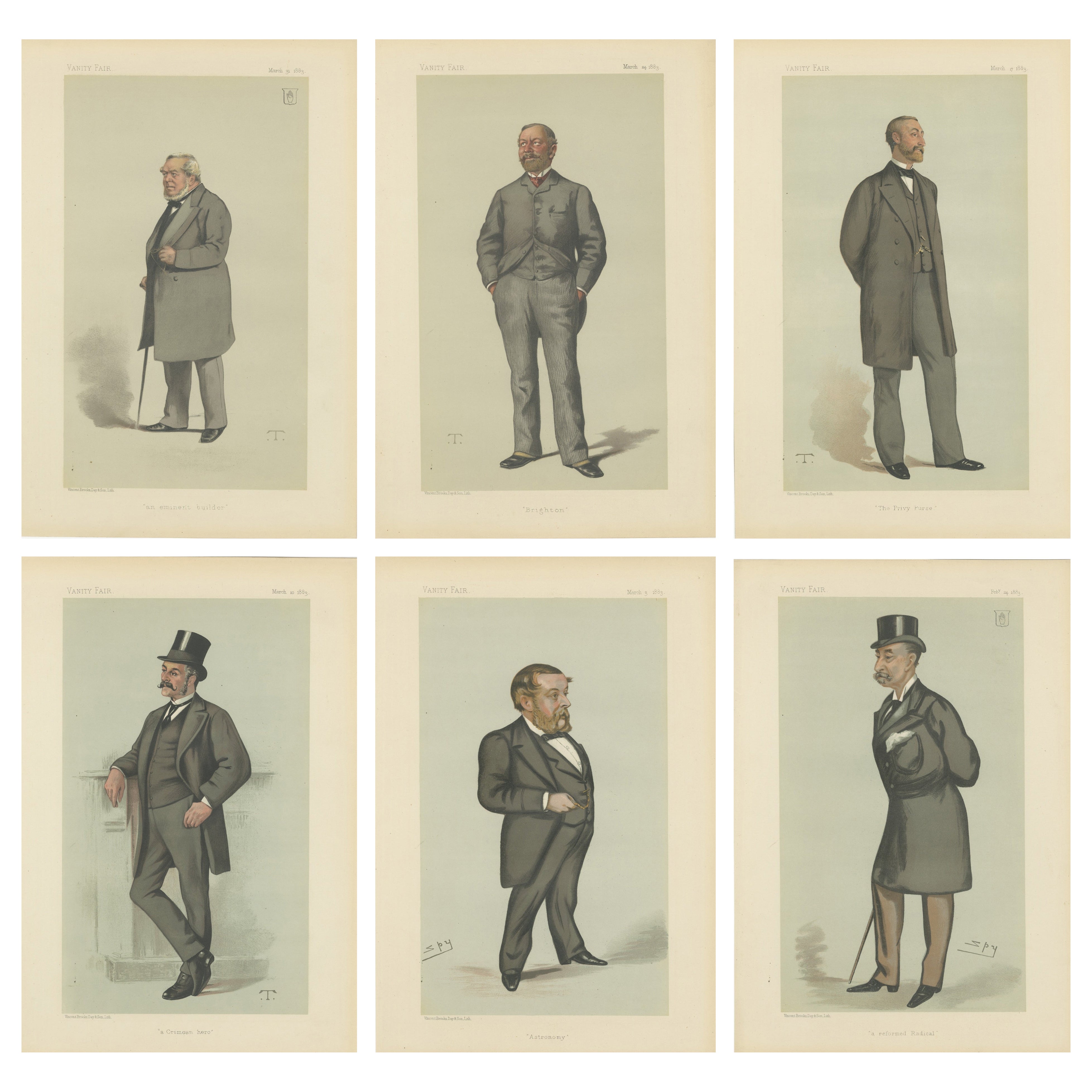 Set di sei caricature vittoriane di Vanity Fair, élite britannica, 1883
