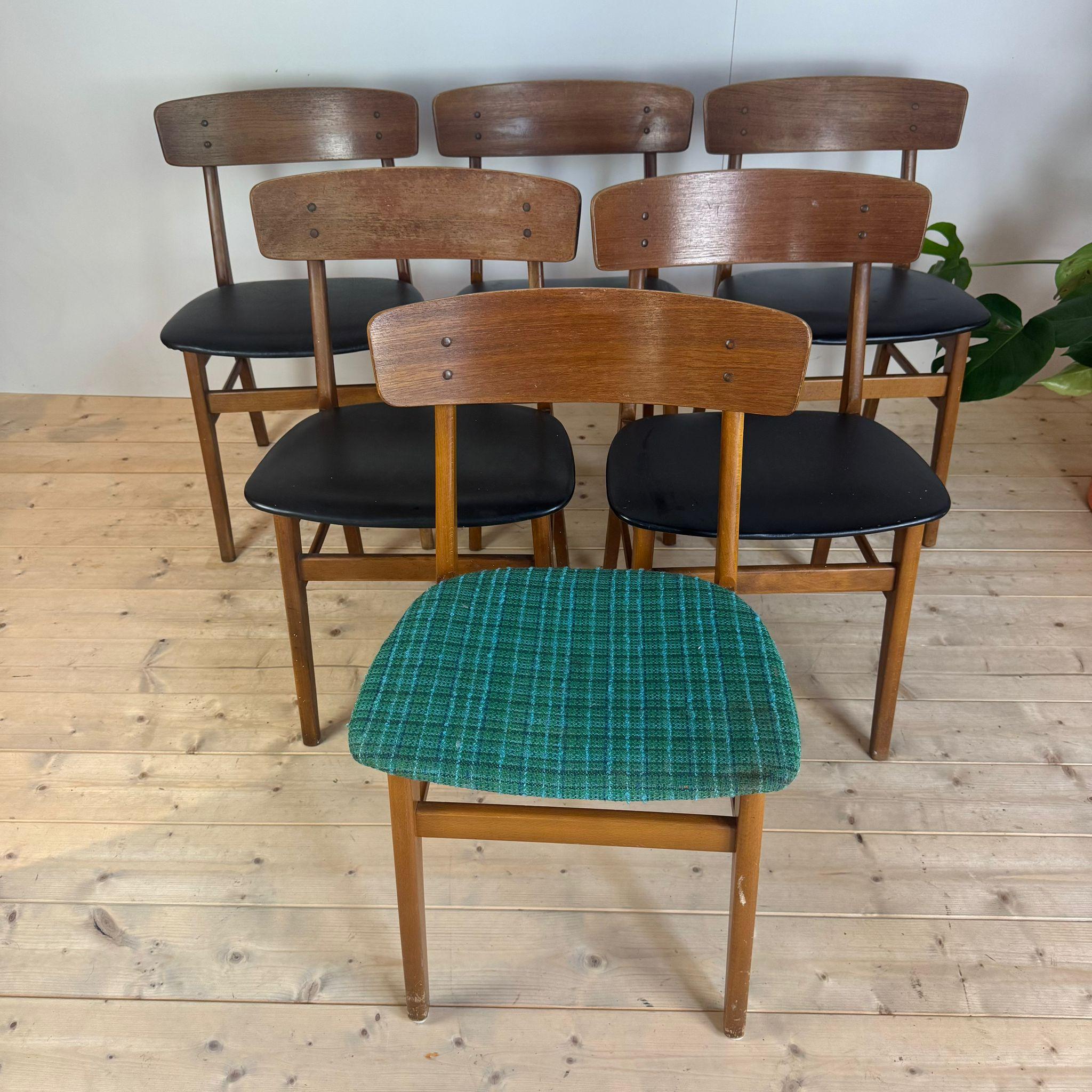 Mid-Century Modern Ensemble de six chaises de salle à manger en teck vinatge, Danemark 1960 en vente