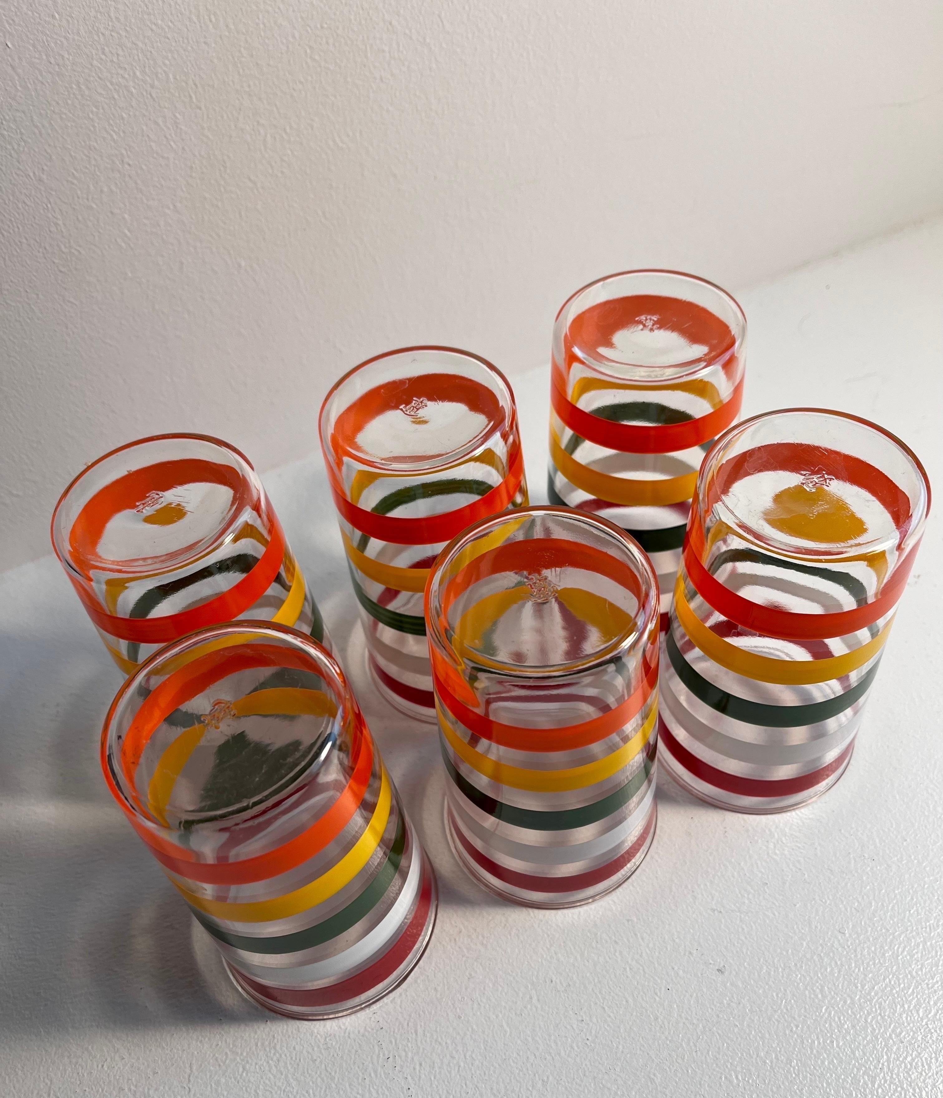 Set of Six Vintage Anchor Hocking Rainbow Striped Tumblers, c. 1960 In Good Condition In Philadelphia, PA