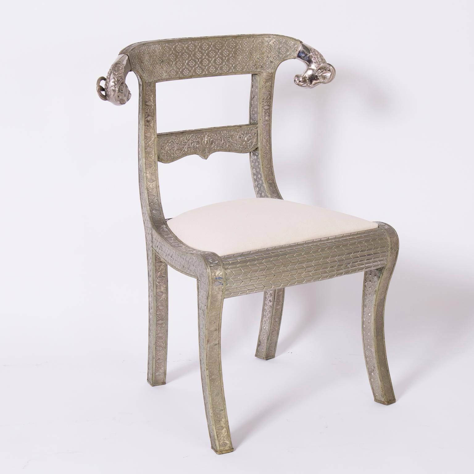 Anglo-Indian Set of Six Vintage Anglo Indian Repousse Ram's Head Chairs For Sale