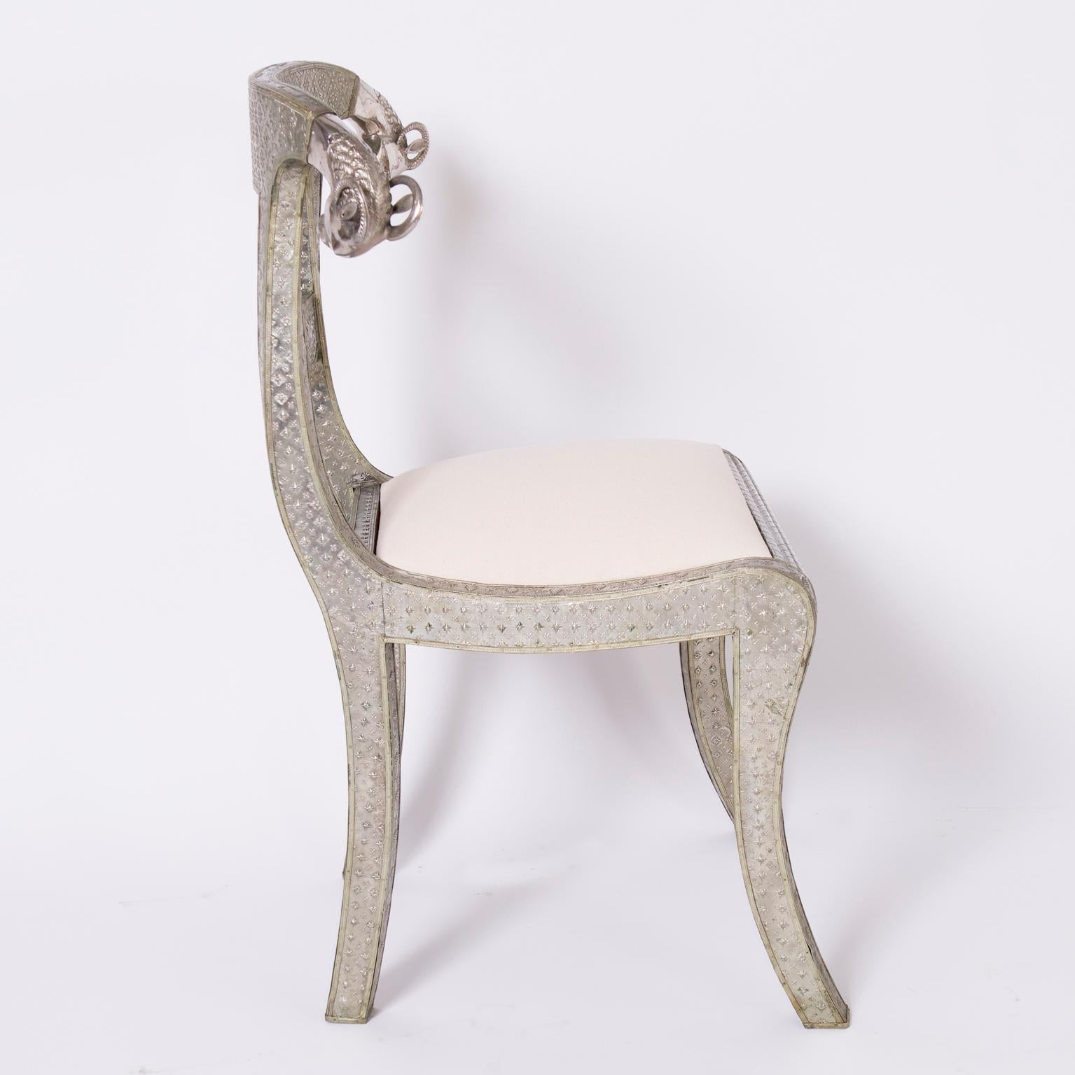 Hand-Crafted Set of Six Vintage Anglo Indian Repousse Ram's Head Chairs For Sale