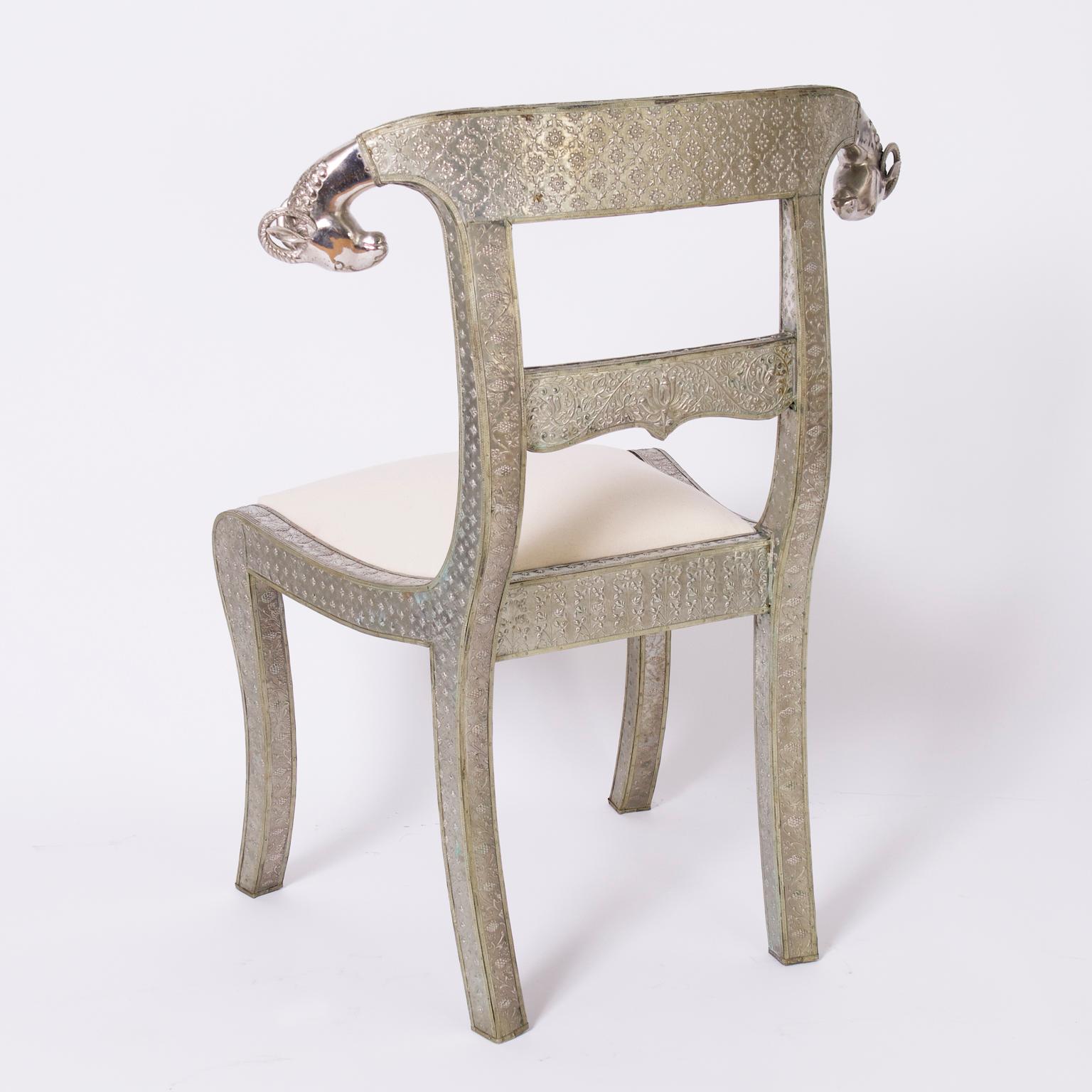 Set of Six Vintage Anglo Indian Repousse Ram's Head Chairs In Good Condition For Sale In Palm Beach, FL