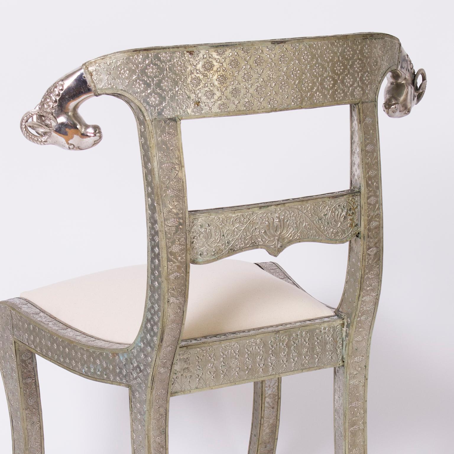 Set of Six Vintage Anglo Indian Repousse Ram's Head Chairs For Sale 2