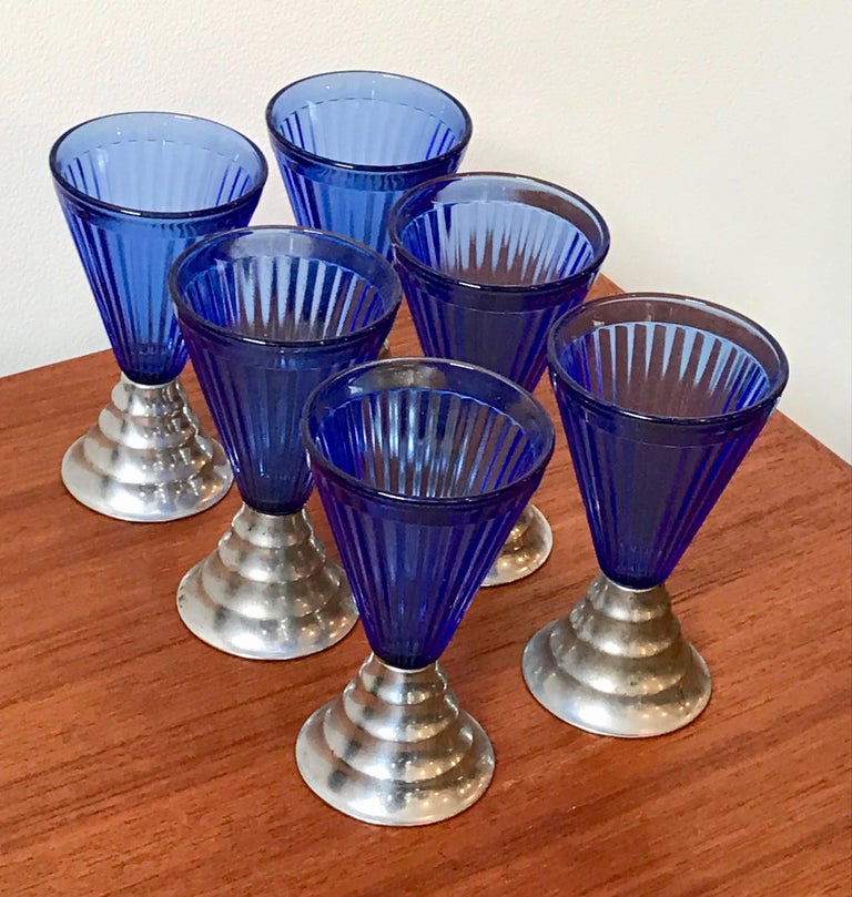 Set of Six Vintage Art Deco Cobalt Blue Glass Cordial Glasses with