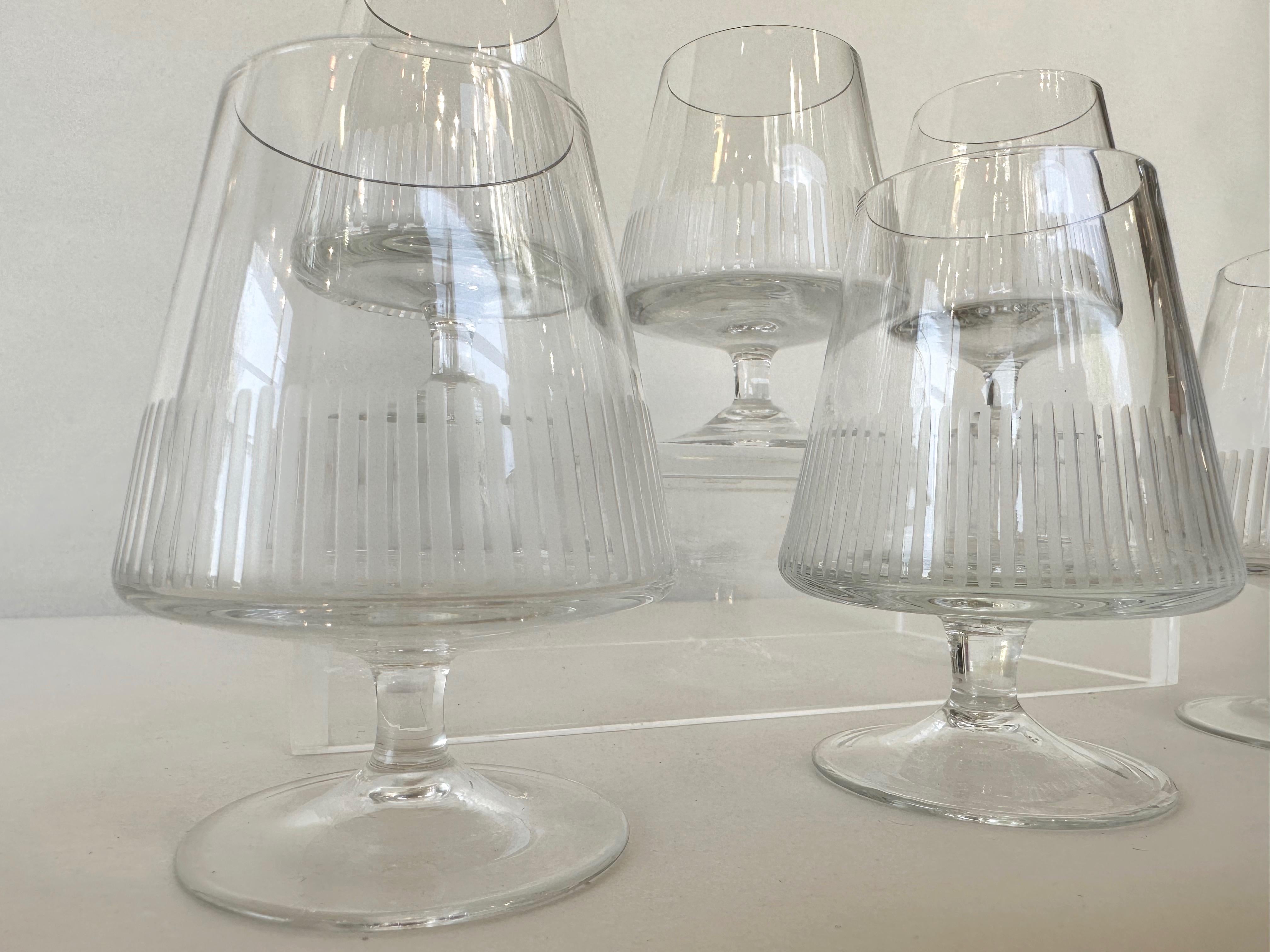 Mid-Century Modern Set of Six Vintage Atlantis Etched Crystal Balloon Glasses, 1950s For Sale