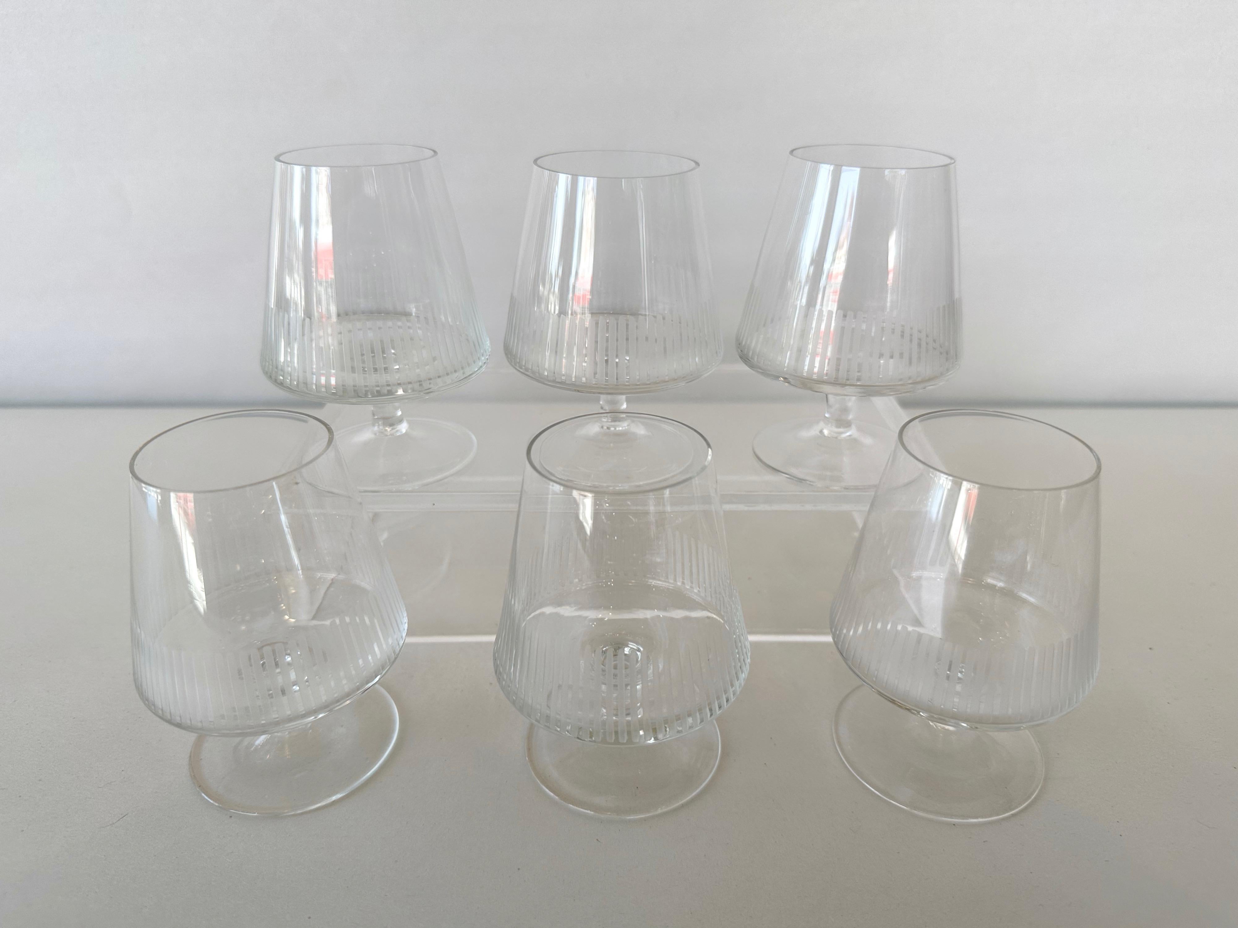 Mid-20th Century Set of Six Vintage Atlantis Etched Crystal Balloon Glasses, 1950s For Sale